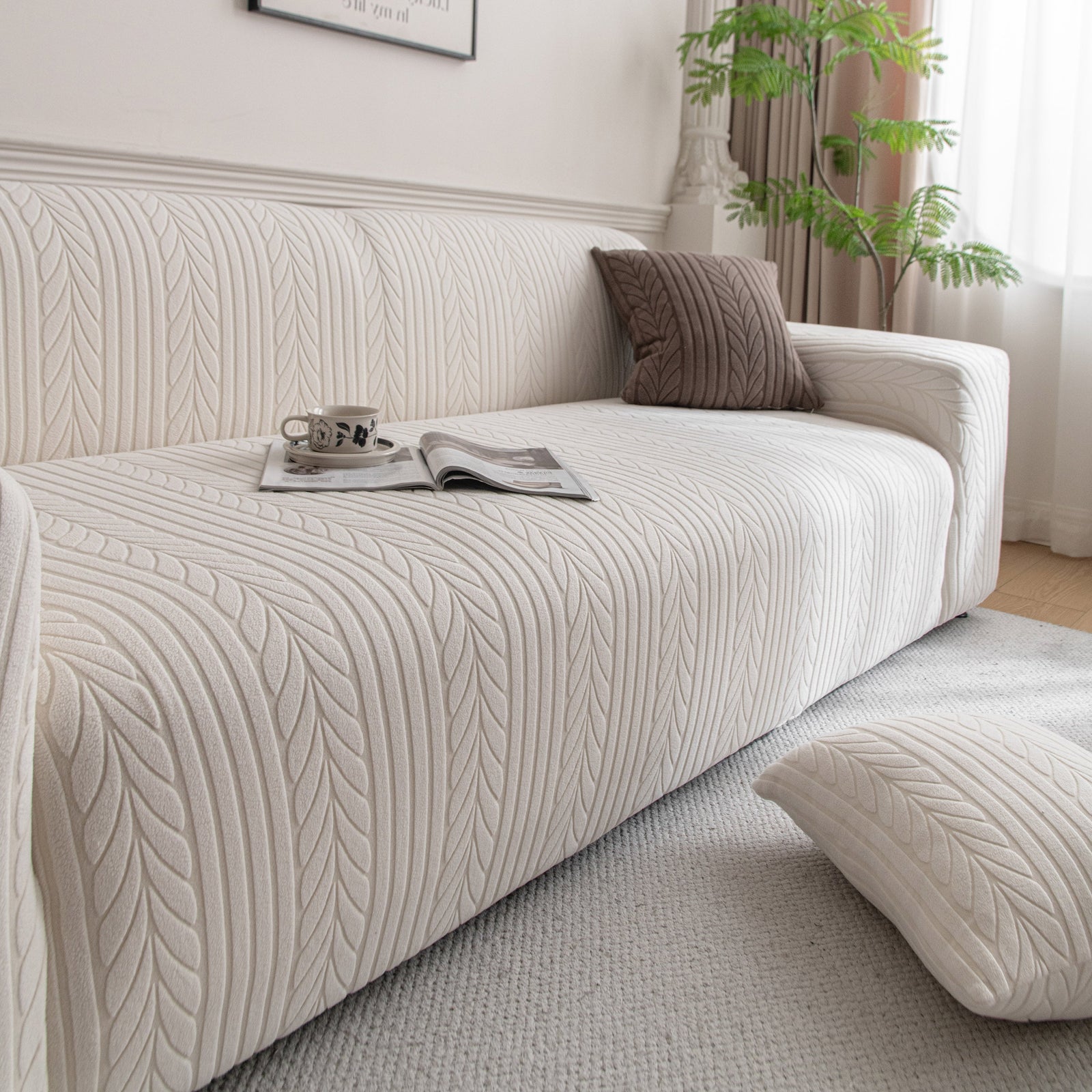 Plush Fleece Sofa Slipcover with 3D Wheat Pattern, Cozy High-Stretch Couch Cover