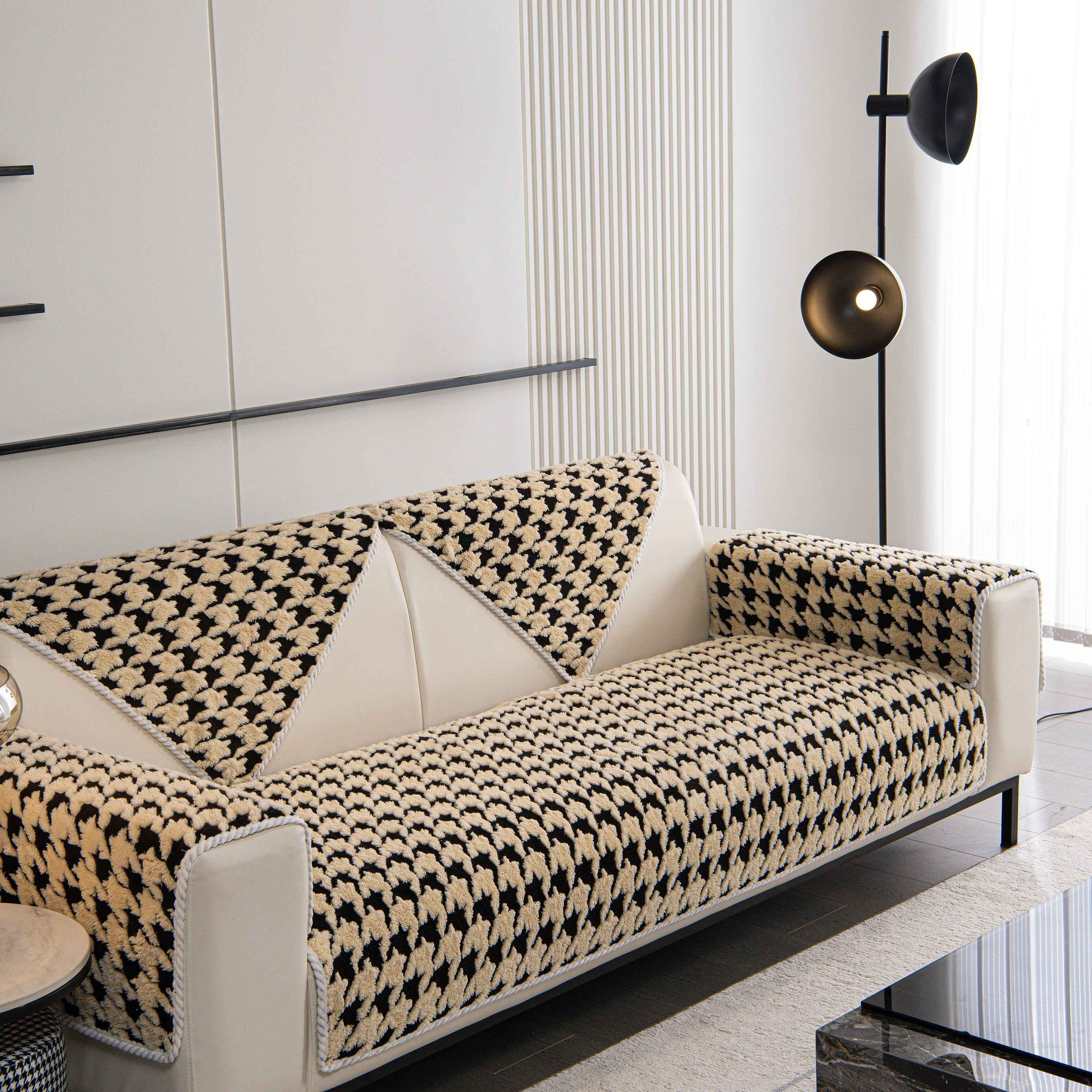 Winter Thickened Sherpa Fleece Houndstooth Sofa Cushion, Non-slip Sofa Cover with Plush
