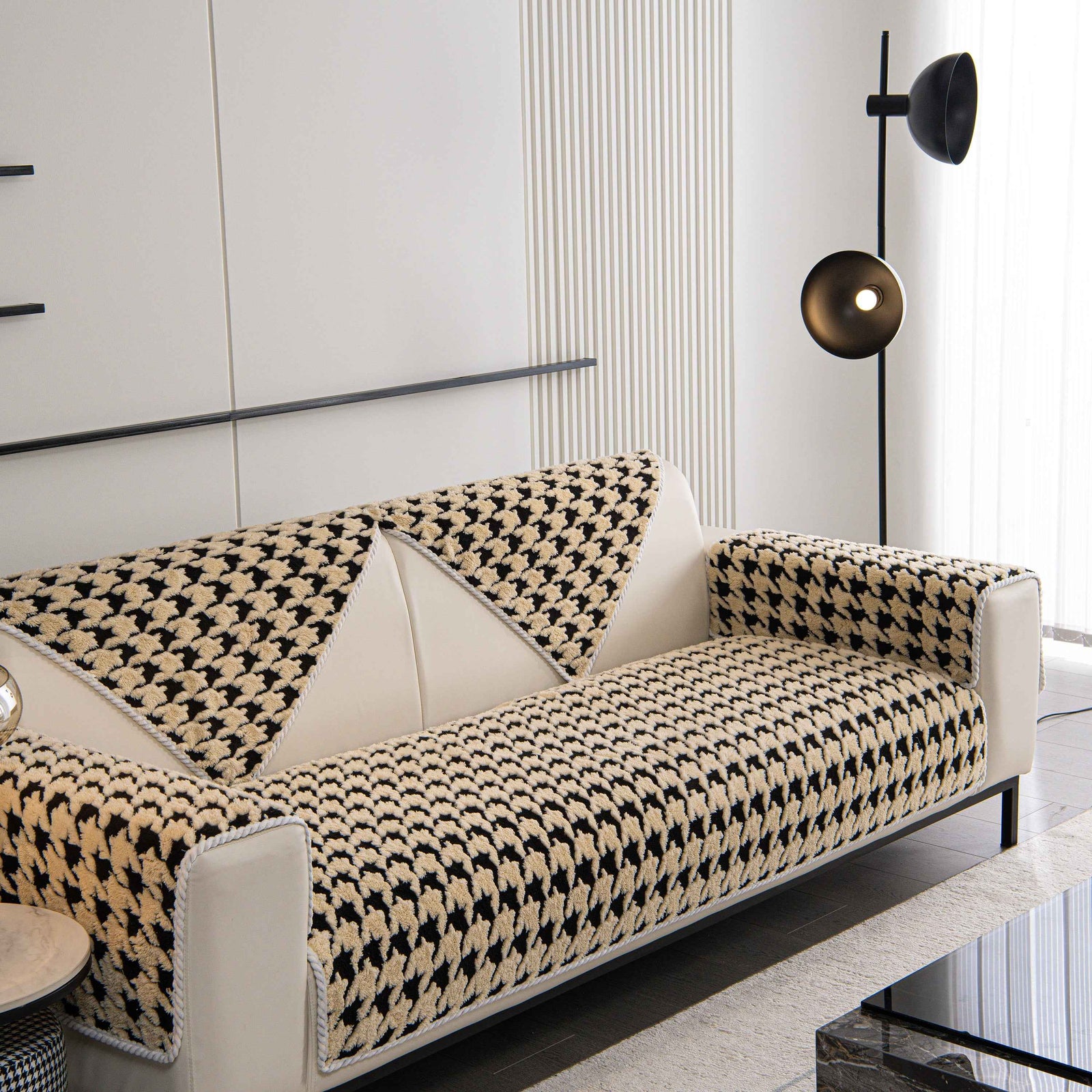 Winter Thickened Sherpa Fleece Houndstooth Sofa Cushion, Non-slip Sofa Cover with Plush