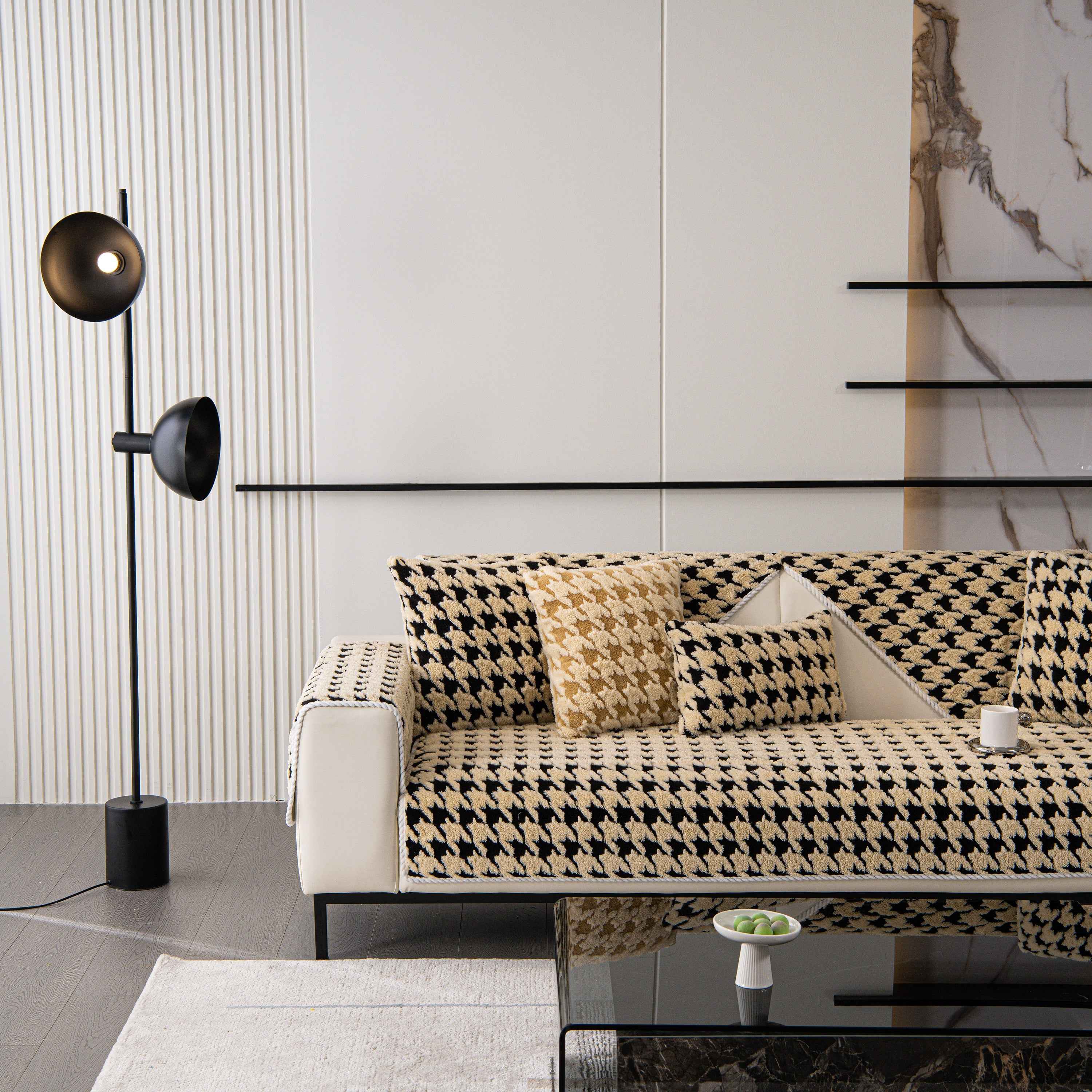 Winter Thickened Sherpa Fleece Houndstooth Sofa Cushion, Non-slip Sofa Cover with Plush
