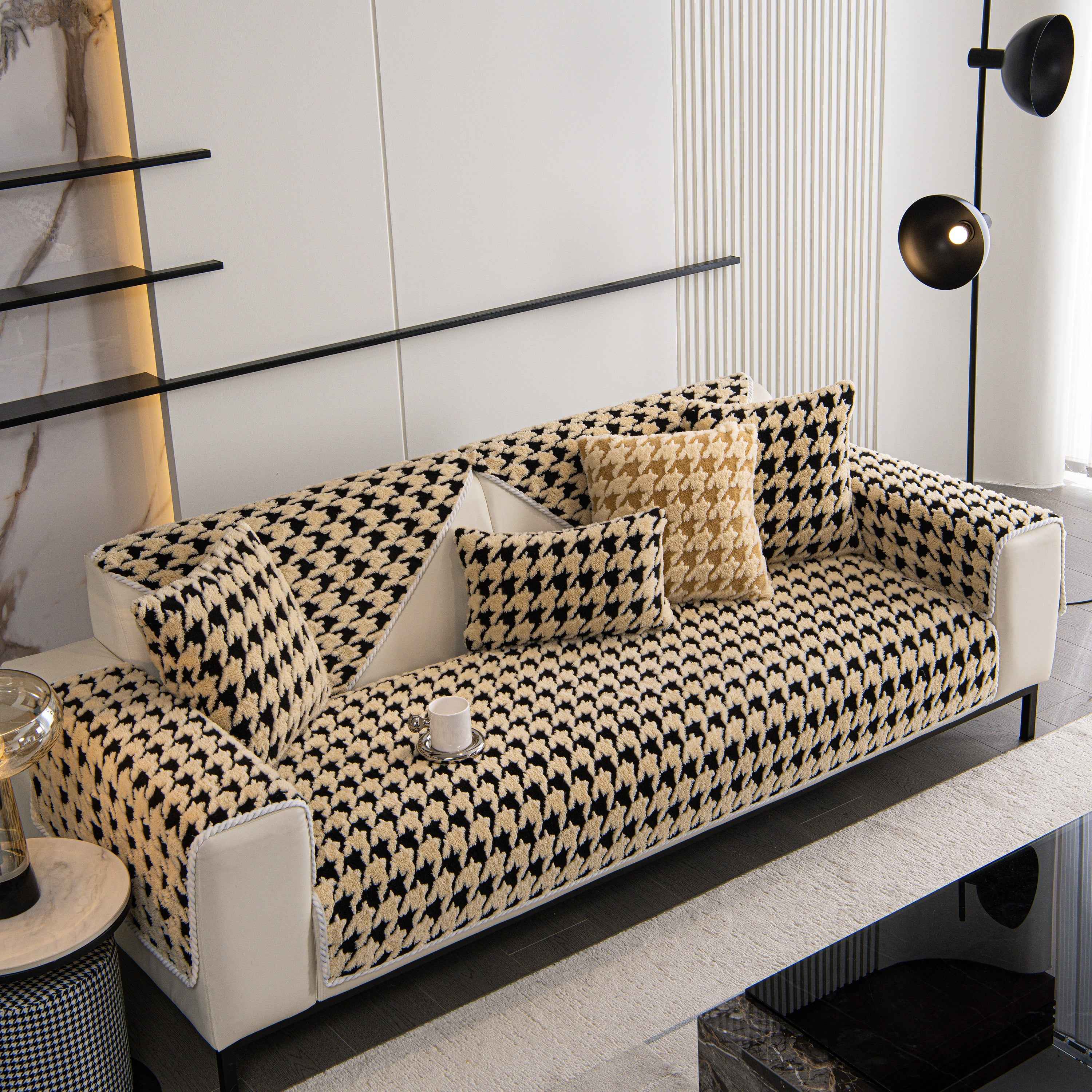 Winter Thickened Sherpa Fleece Houndstooth Sofa Cushion, Non-slip Sofa Cover with Plush