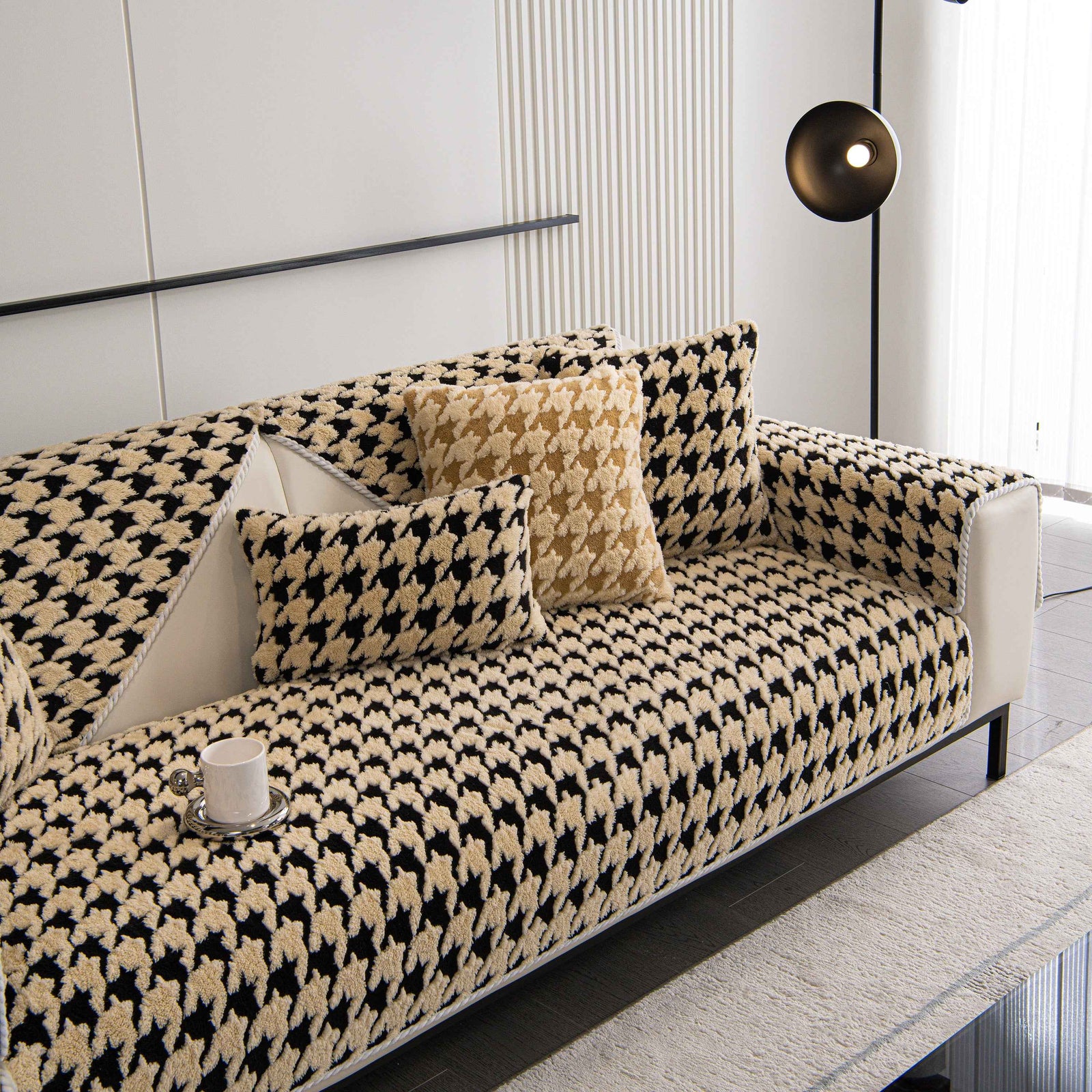 Winter Thickened Sherpa Fleece Houndstooth Sofa Cushion, Non-slip Sofa Cover with Plush