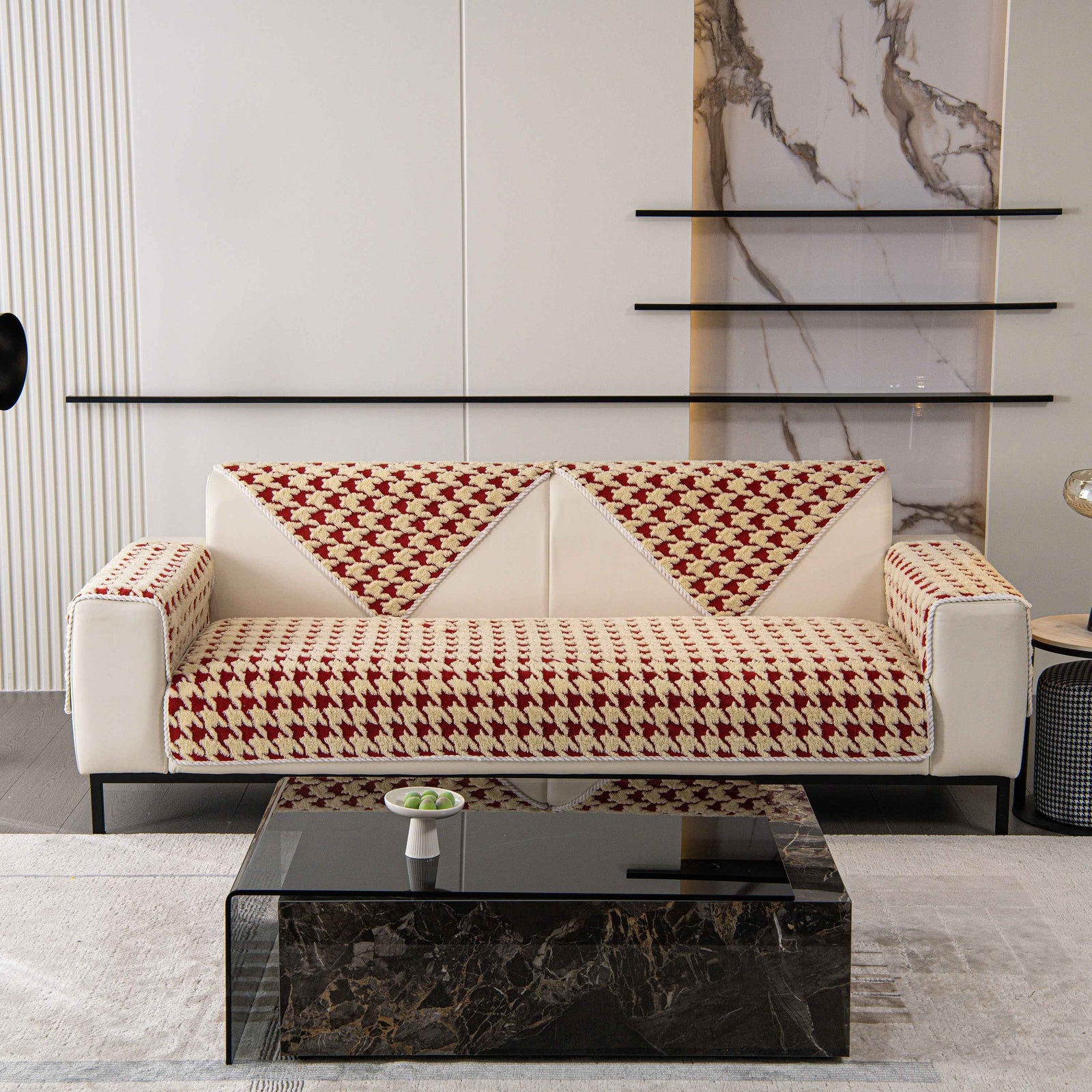 Winter Thickened Sherpa Fleece Houndstooth Sofa Cushion, Non-slip Sofa Cover with Plush