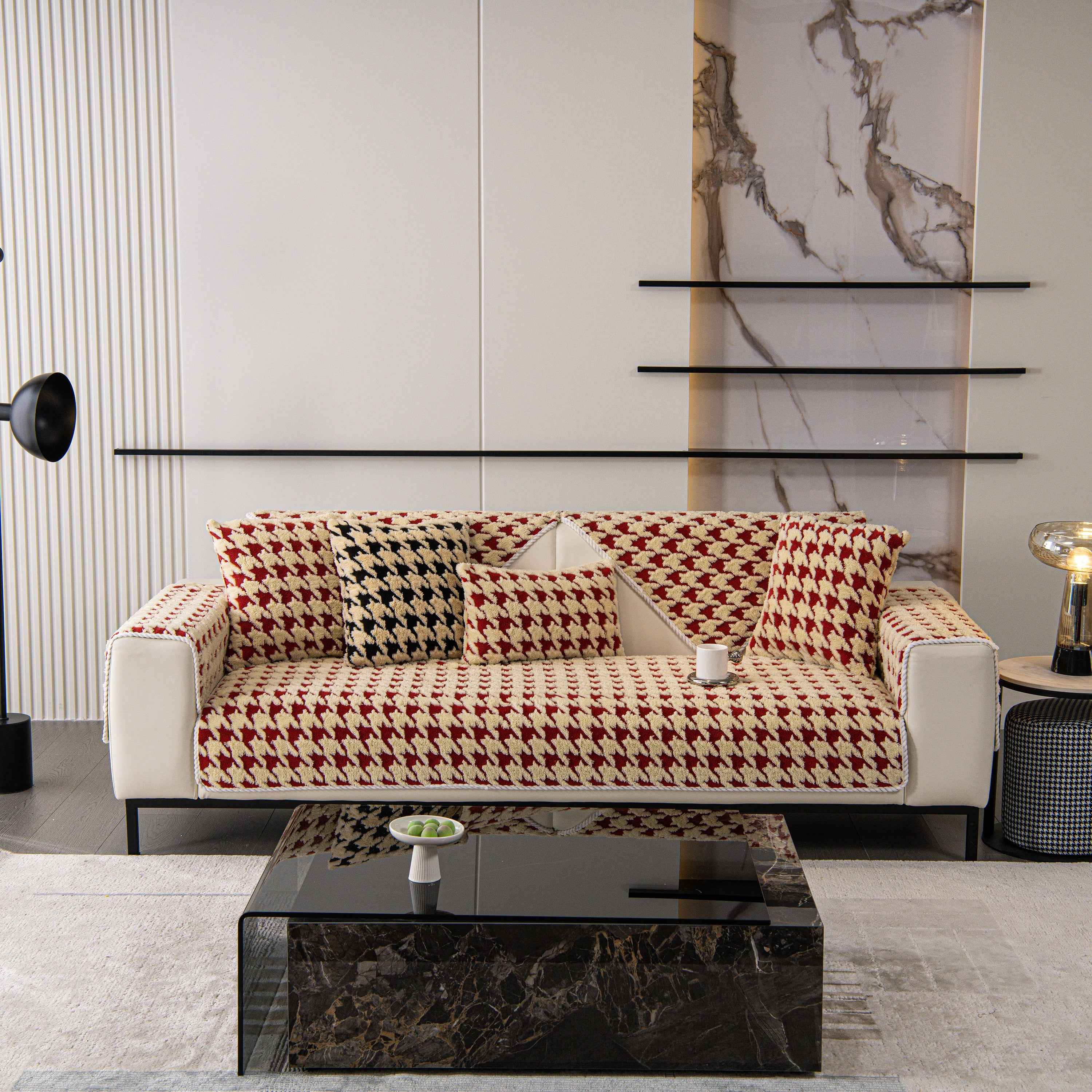 Winter Thickened Sherpa Fleece Houndstooth Sofa Cushion, Non-slip Sofa Cover with Plush