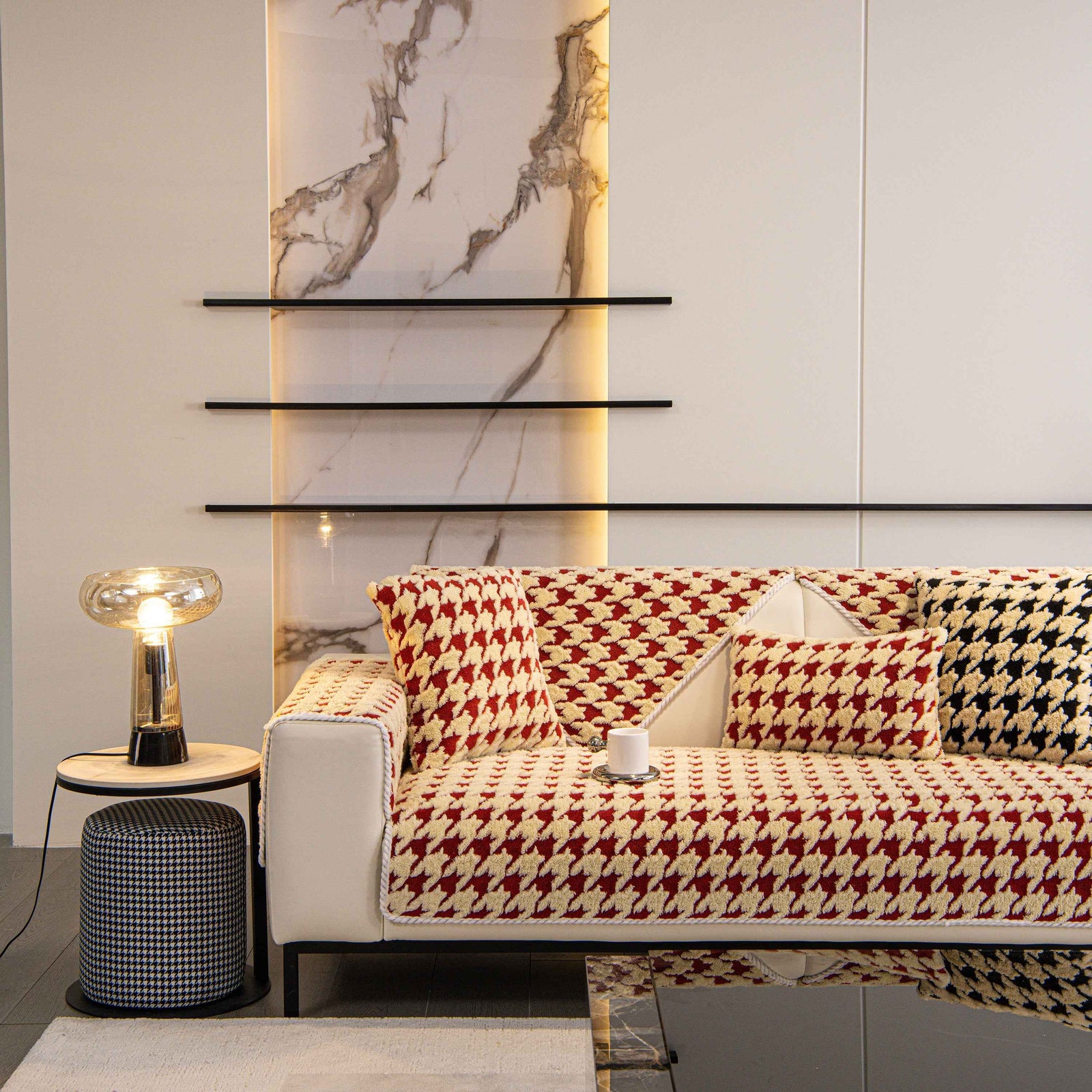 Winter Thickened Sherpa Fleece Houndstooth Sofa Cushion, Non-slip Sofa Cover with Plush