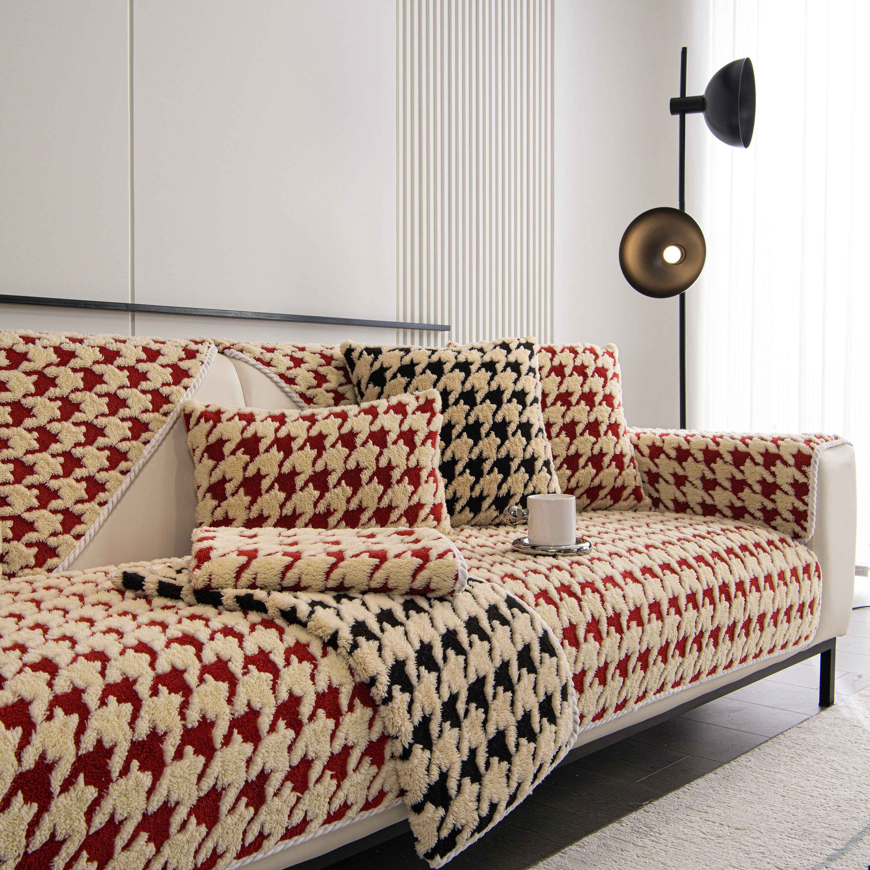 Winter Thickened Sherpa Fleece Houndstooth Sofa Cushion, Non-slip Sofa Cover with Plush