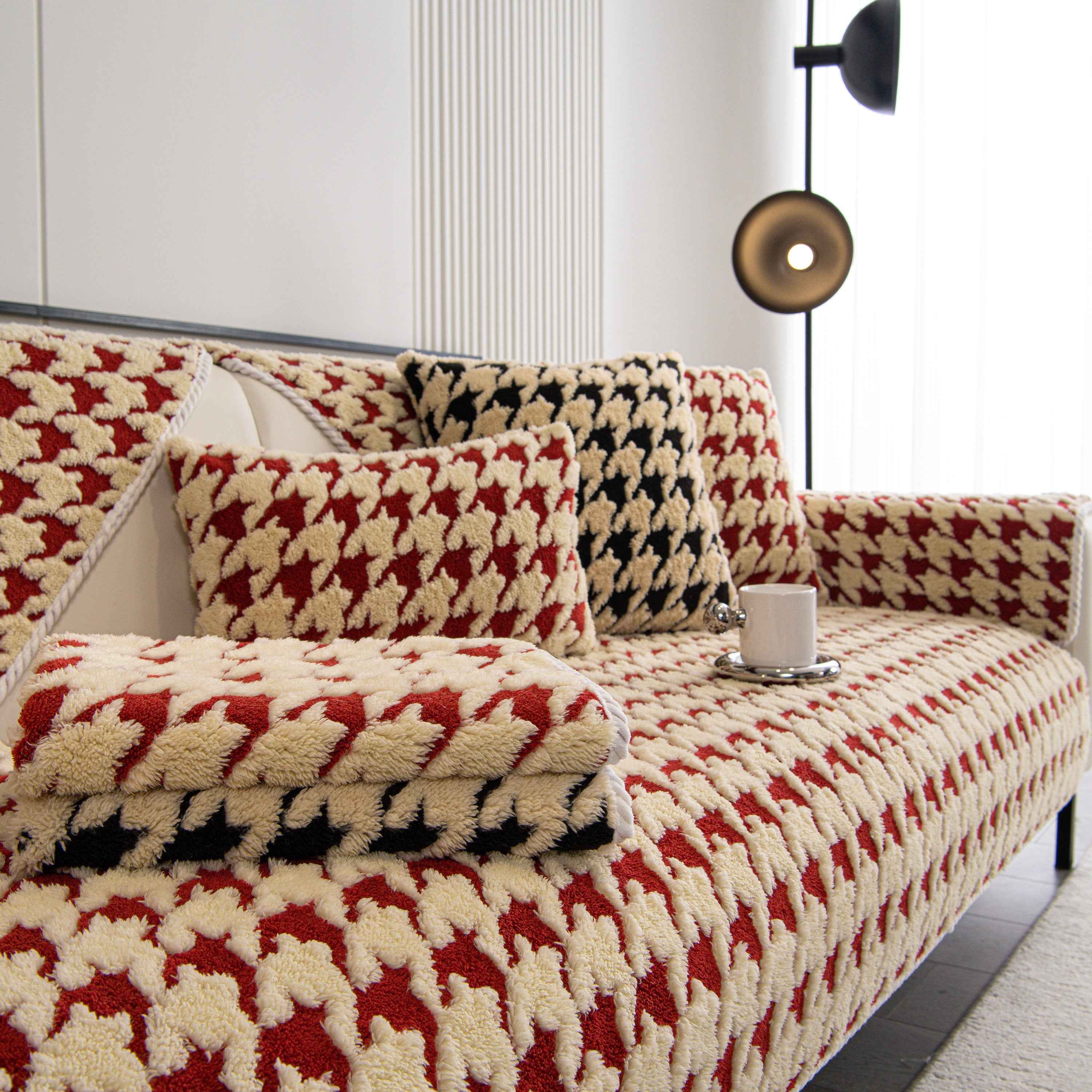 Winter Thickened Sherpa Fleece Houndstooth Sofa Cushion, Non-slip Sofa Cover with Plush