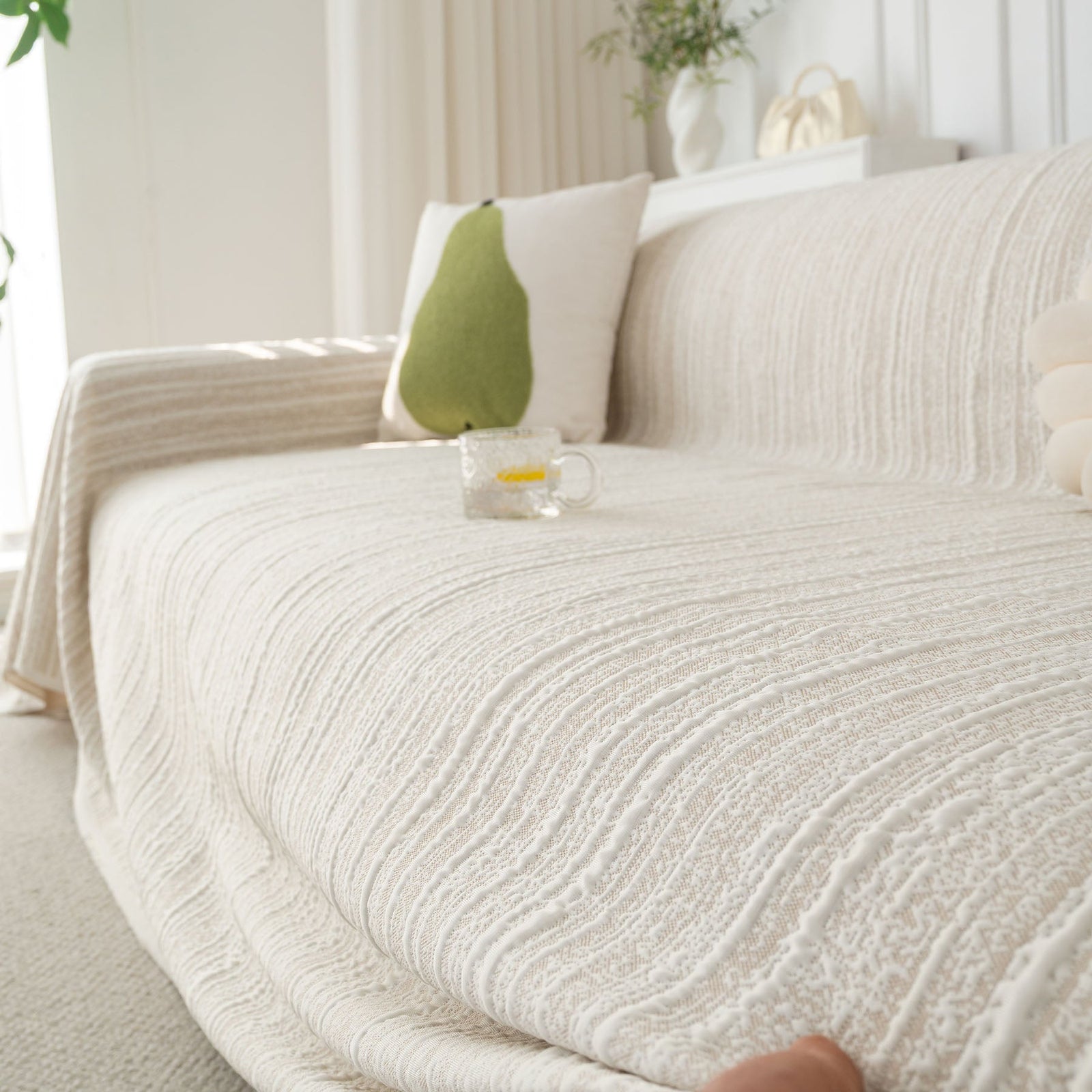Summer Cooling Ice Silk Sofa Cover, Textured Stripe Soft Breathable Couch Throw Cover