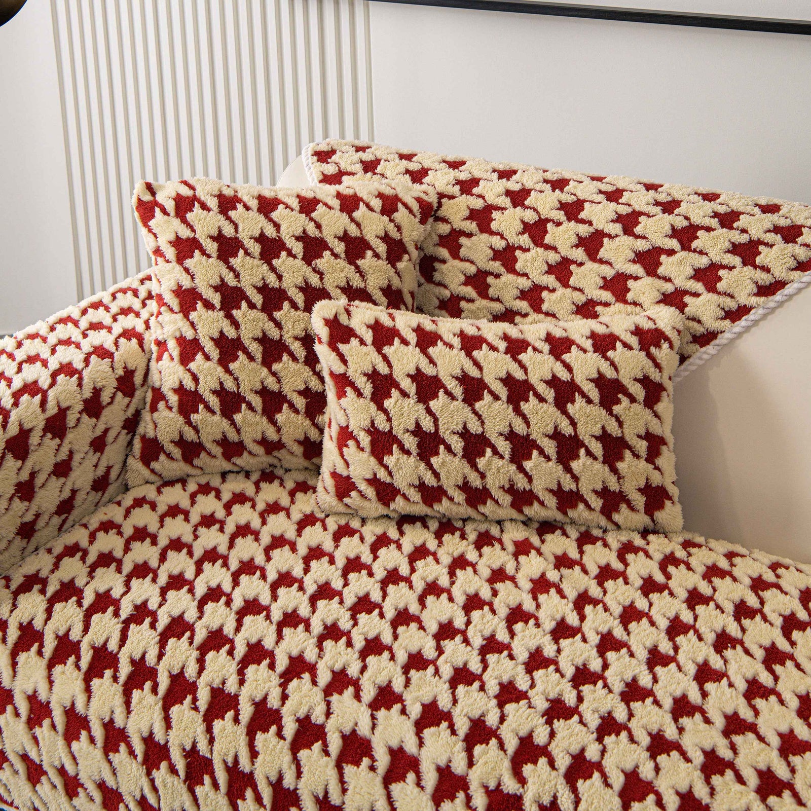 Winter Thickened Sherpa Fleece Houndstooth Sofa Cushion, Non-slip Sofa Cover with Plush