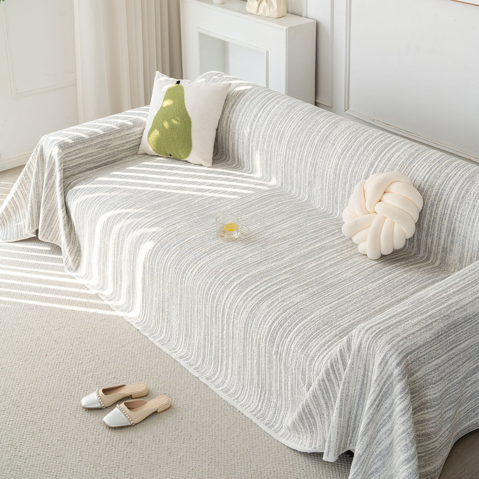 Summer Cooling Ice Silk Sofa Cover, Textured Stripe Soft Breathable Couch Throw Cover