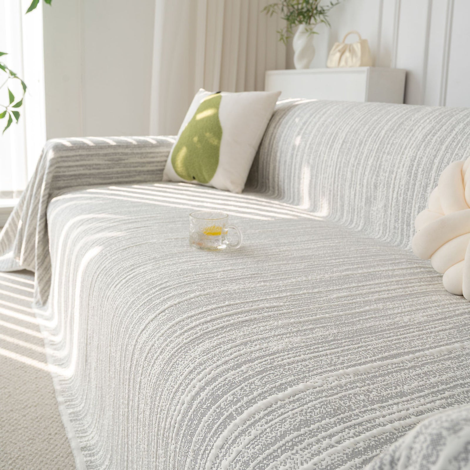 Summer Cooling Ice Silk Sofa Cover, Textured Stripe Soft Breathable Couch Throw Cover