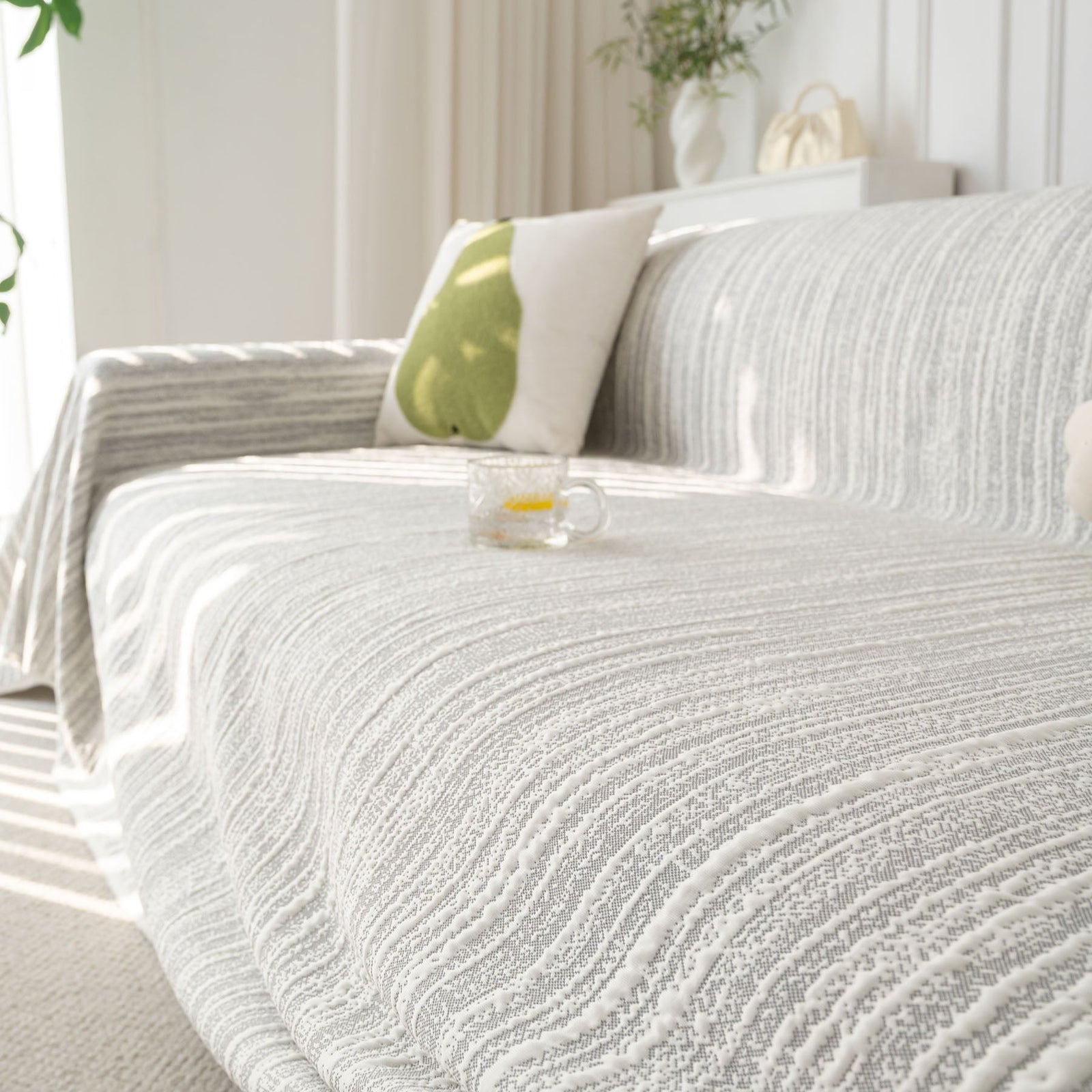 Summer Cooling Ice Silk Sofa Cover, Textured Stripe Soft Breathable Couch Throw Cover
