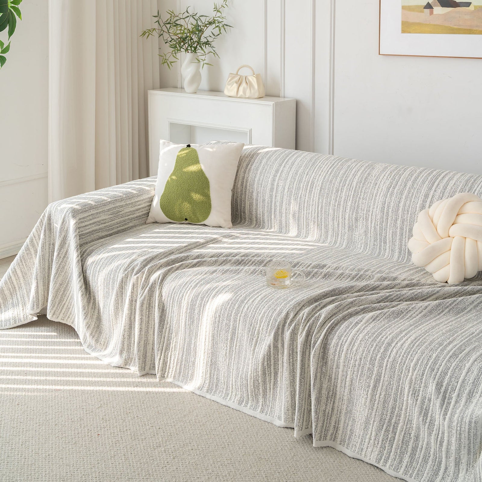 Summer Cooling Ice Silk Sofa Cover, Textured Stripe Soft Breathable Couch Throw Cover