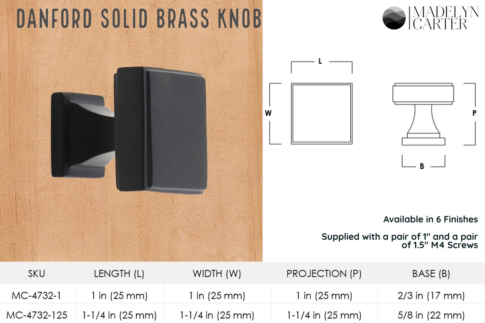 Danford Solid Brass Cabinet Knob - 1.25"