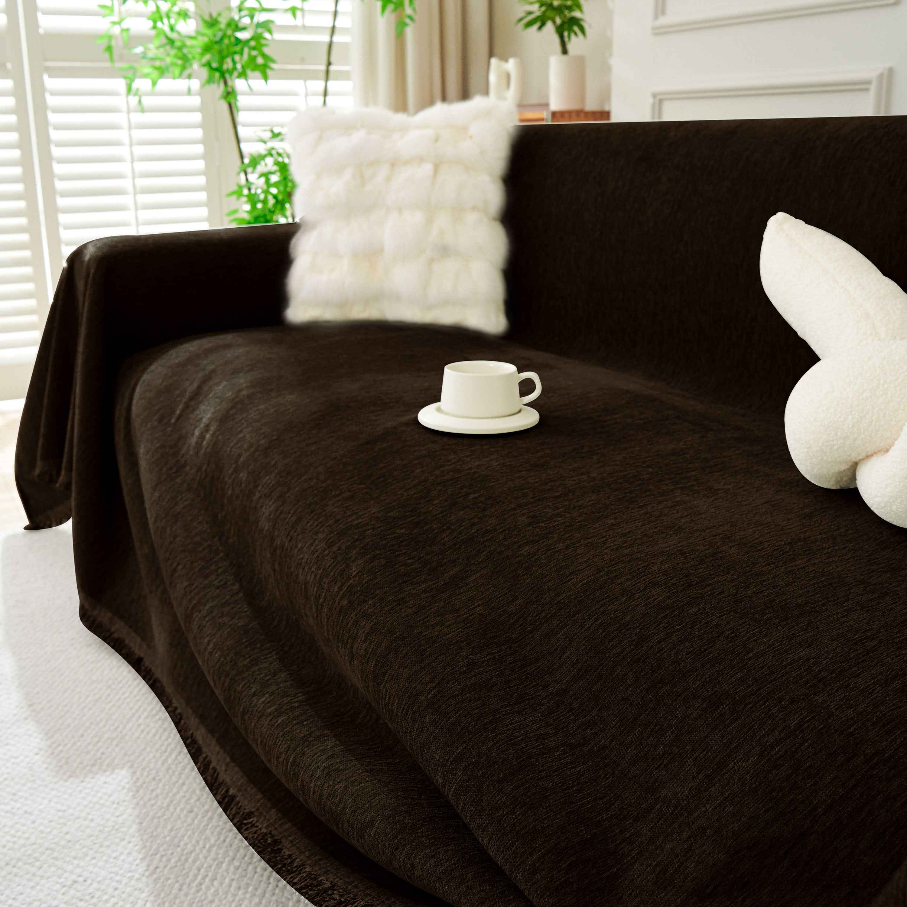 Solid Color Chenille Sofa Throw Blanket, Soft & Plush Decorative Couch Throw Cover