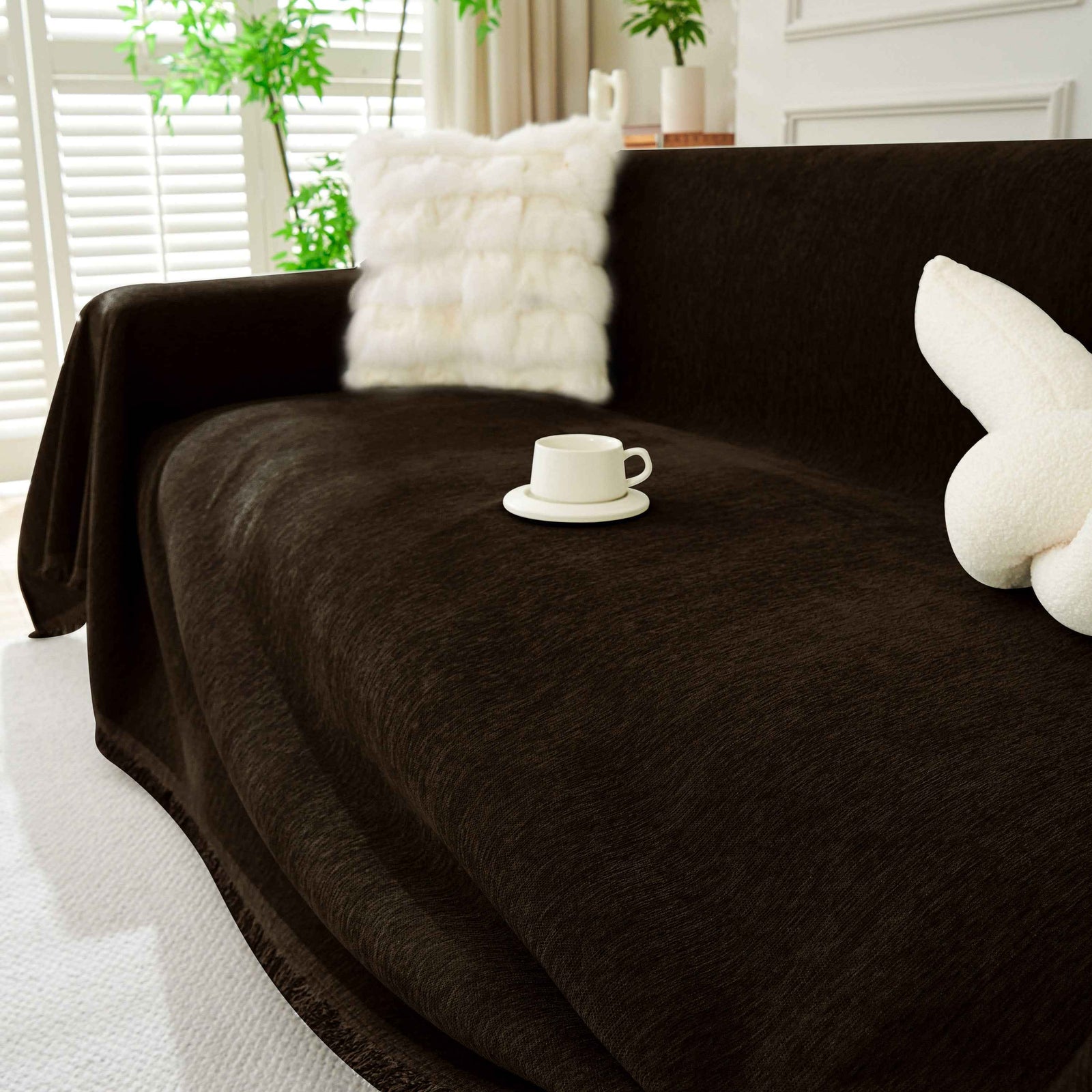 Solid Color Chenille Sofa Throw Blanket, Soft & Plush Decorative Couch Throw Cover