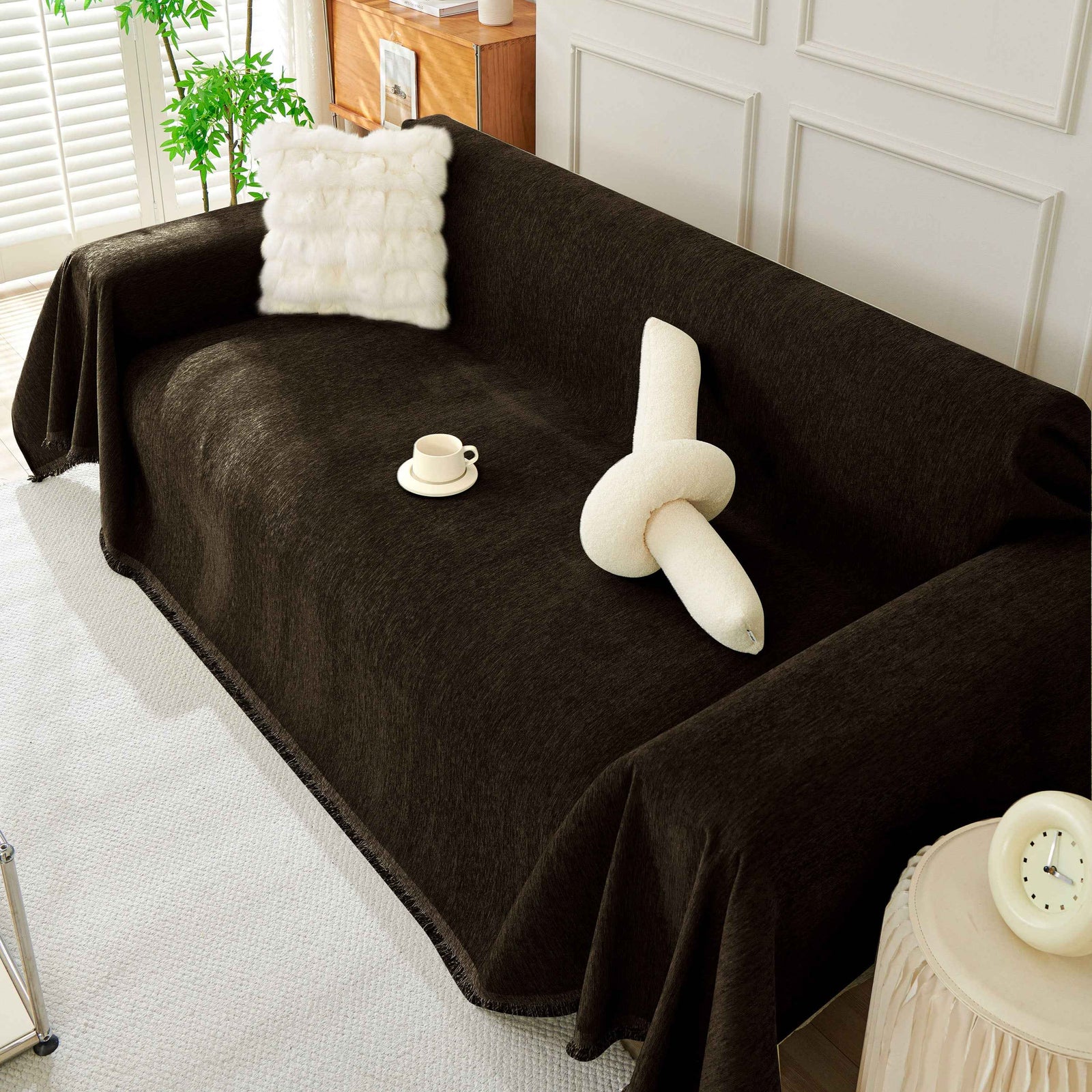 Solid Color Chenille Sofa Throw Blanket, Soft & Plush Decorative Couch Throw Cover