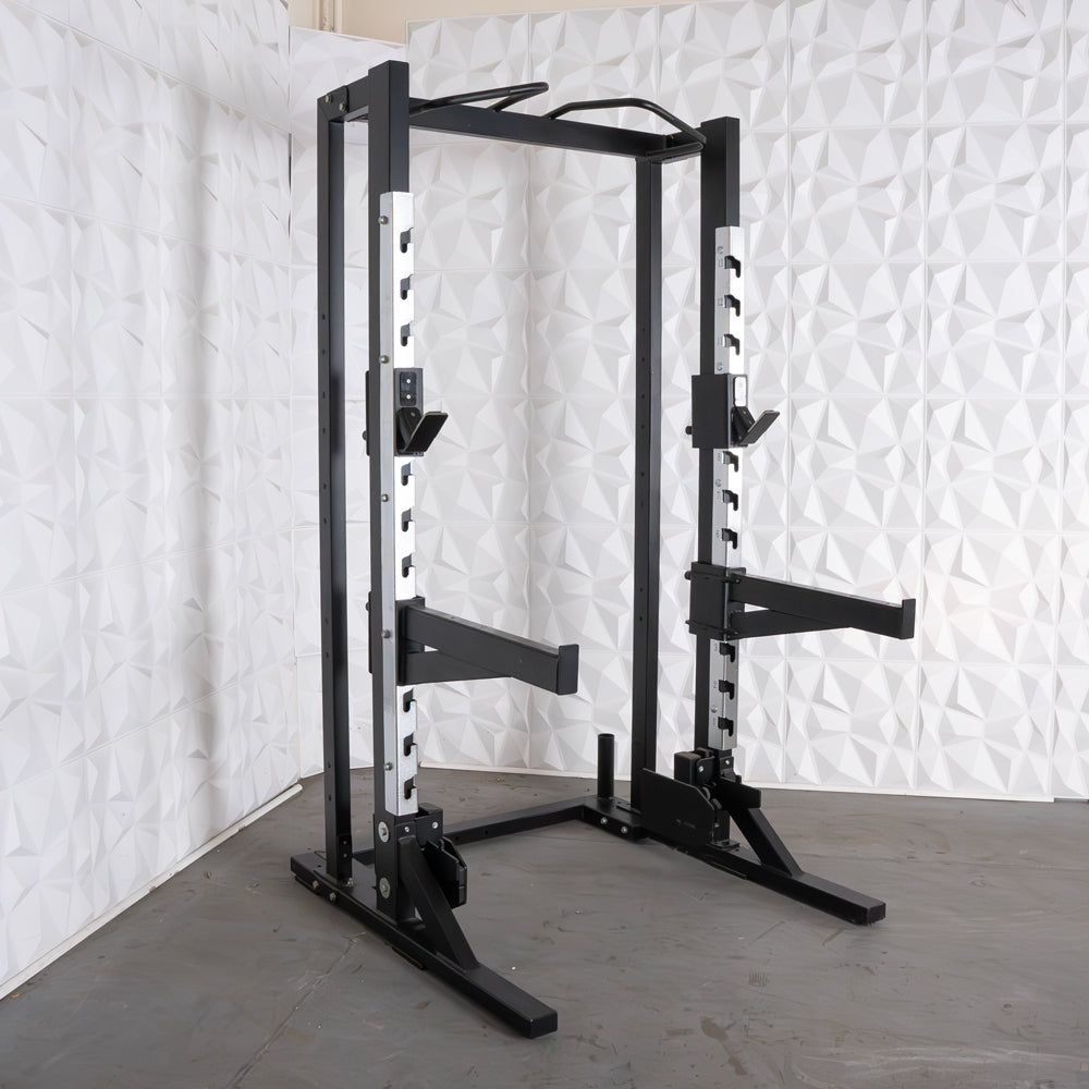 Deluxe Half Rack - Muscle D Fitness - Heavy Duty - Adjustable Safety Bars - Pull Up - Vertical Olympic Bar Storage