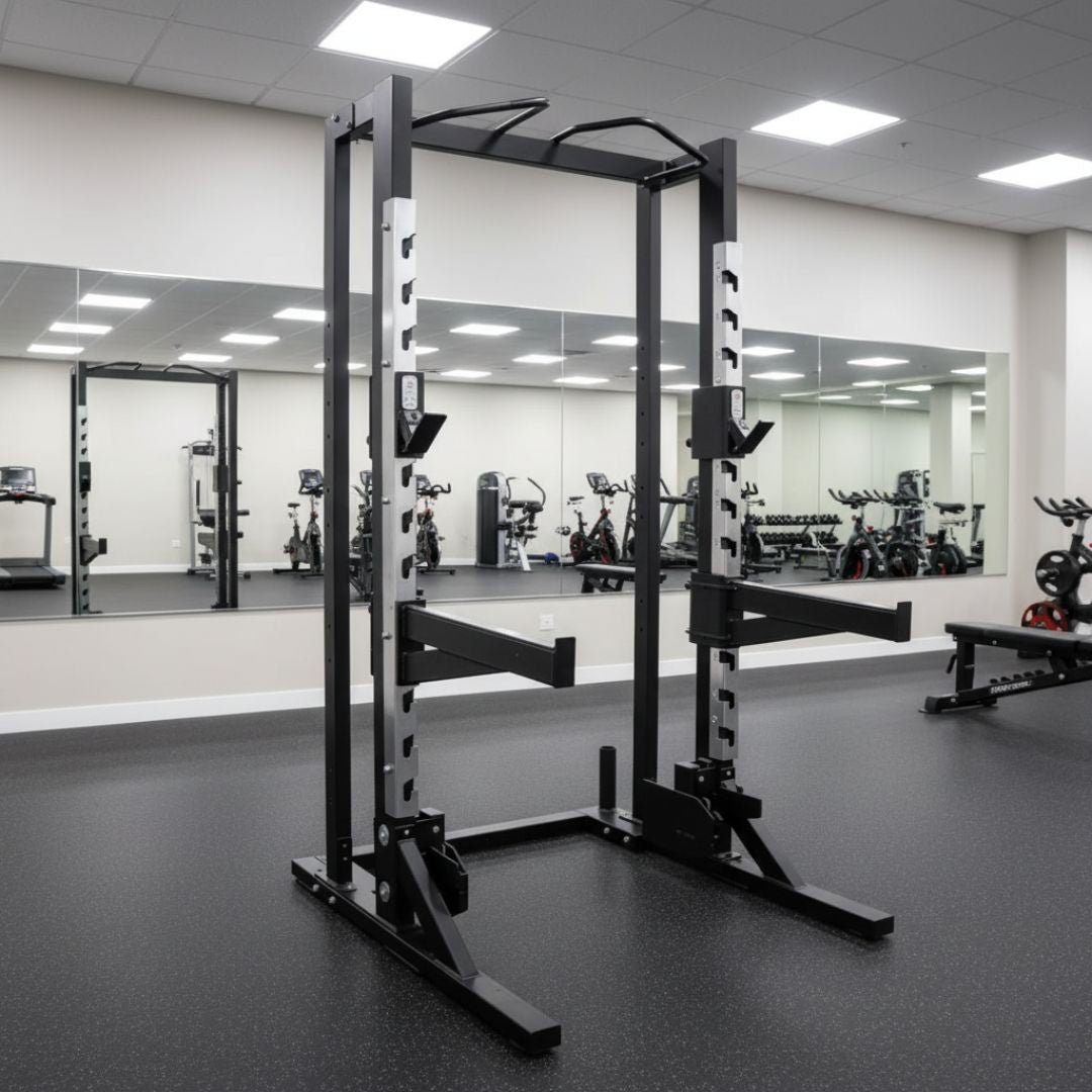 Deluxe Half Rack - Muscle D Fitness - Heavy Duty - Adjustable Safety Bars - Pull Up - Vertical Olympic Bar Storage