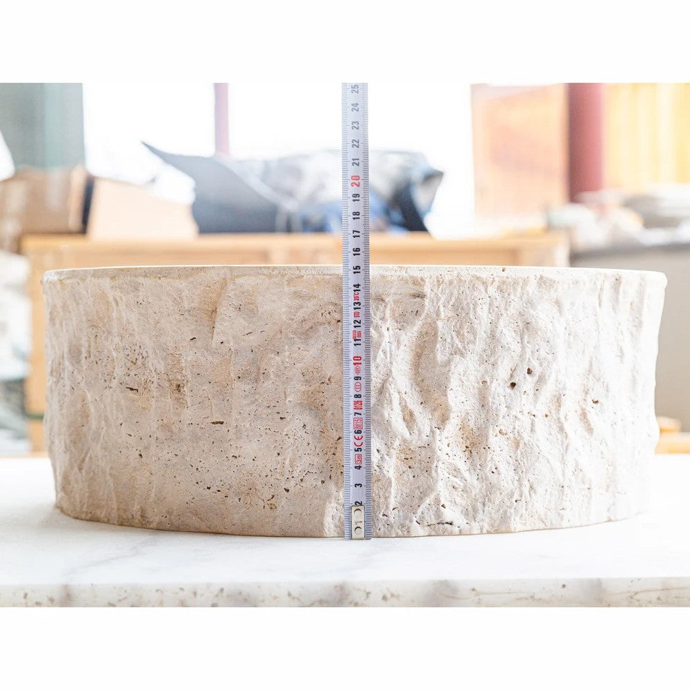 Denizli Beige Travertine Rustic Stone Vessel Sink Honed Interior Hand Chiseled Exterior  (D)16