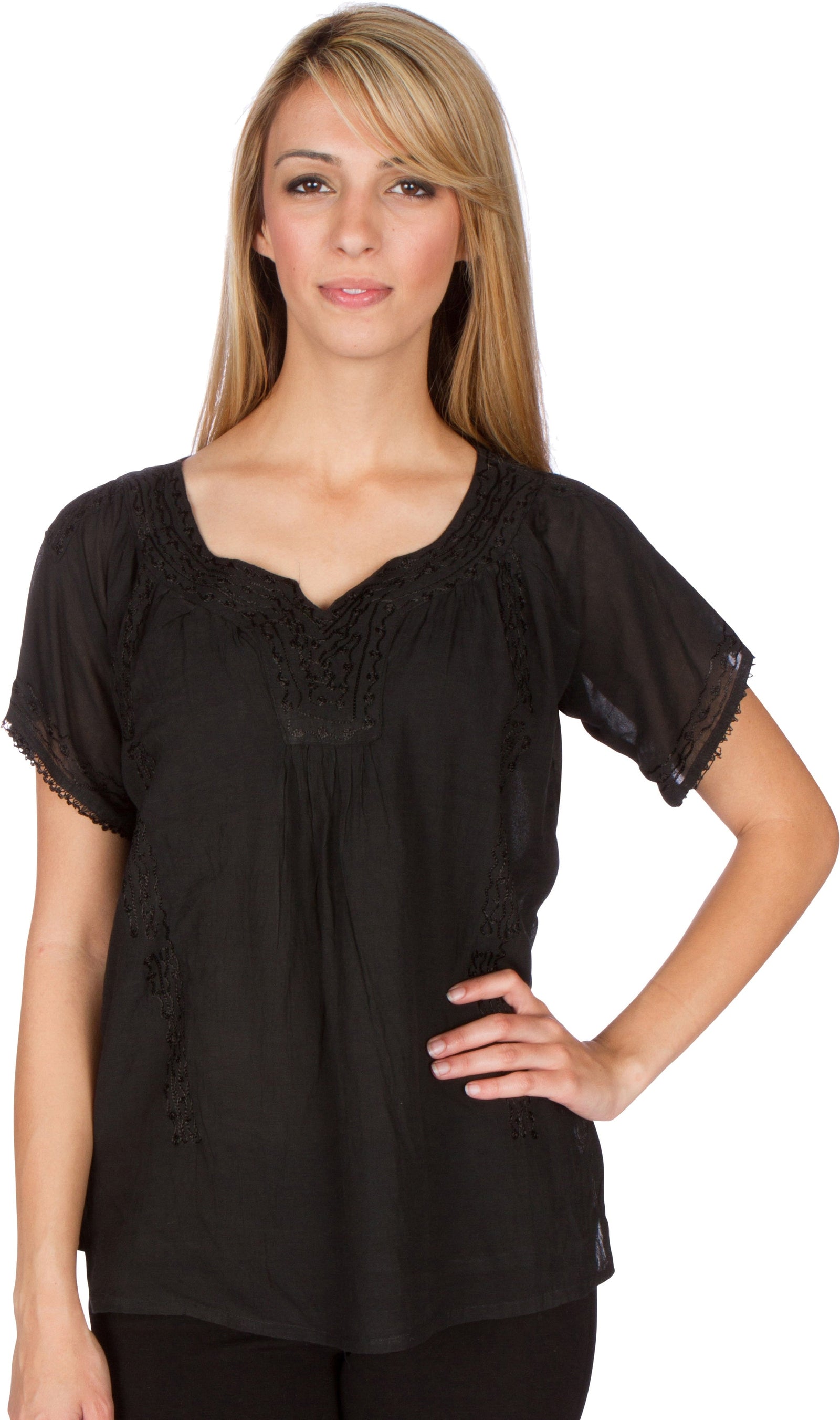 Sakkas Embroidered 100% Cotton Semi-Sheer Short Sleeve Gauzy Top / Blouse