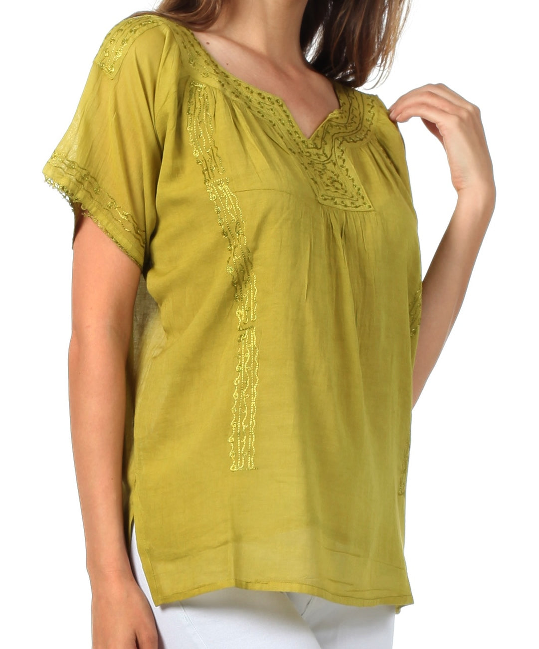 Sakkas Embroidered 100% Cotton Semi-Sheer Short Sleeve Gauzy Top / Blouse