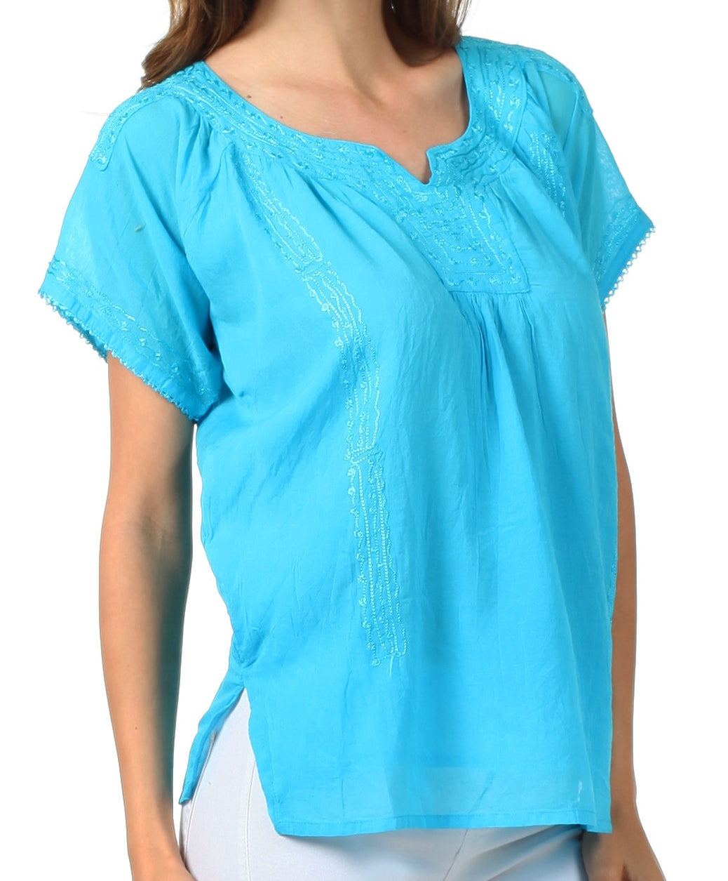 Sakkas Embroidered 100% Cotton Semi-Sheer Short Sleeve Gauzy Top / Blouse