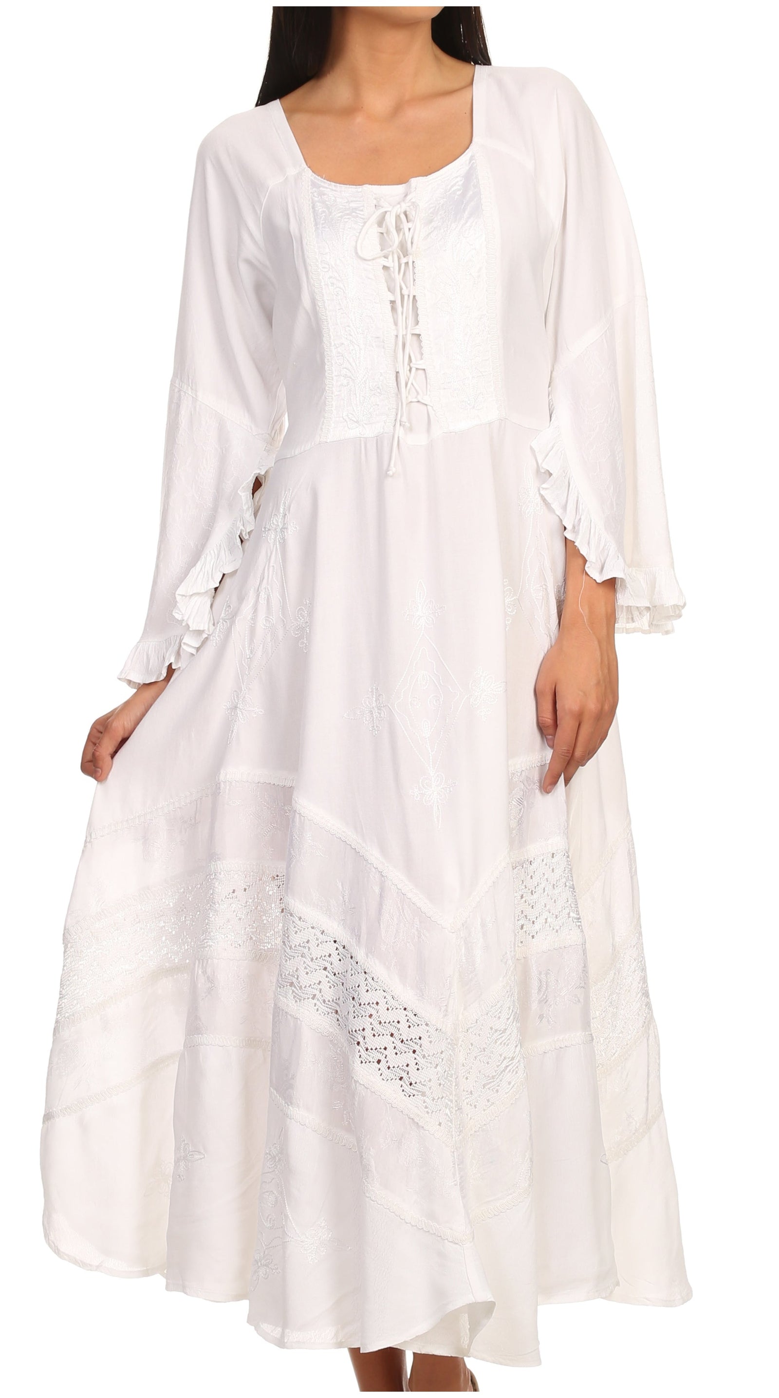 Sakkas Mirabel Stonewashed Corset Style Floral Emboridery Kimono Sleeve Dress