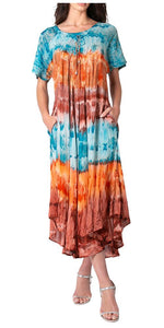 Sakkas Sula Long Laced Tie-Dye Wide Neck Embroidered Boho Sundress Cover Up