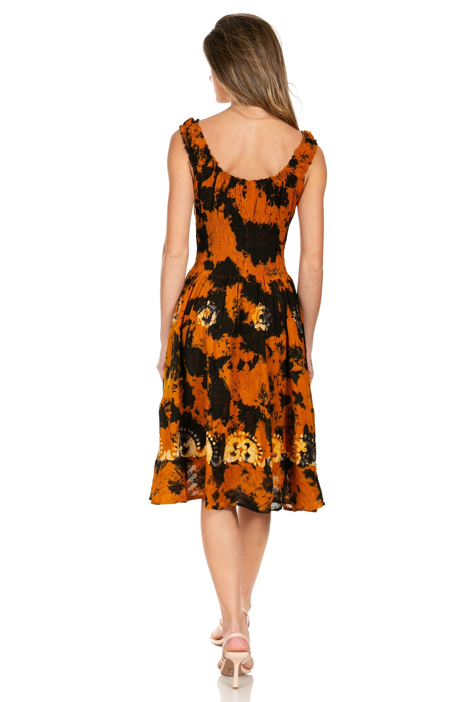 Sakkas Alba Women's Off The Shoulder Smock Ruffle Midi Dress Tie Dye & Embroidery