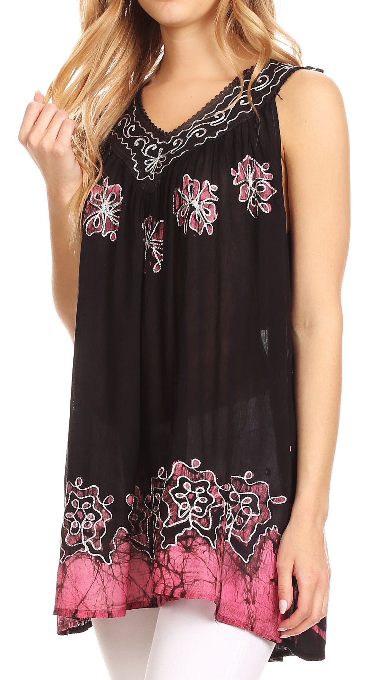 Sakkas Batik Embroidered V-Neck Sleeveless Blouse