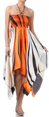 Swirl Design Satin Feel Beaded Halter Smocked Bodice Handkerchief Hem Dress
