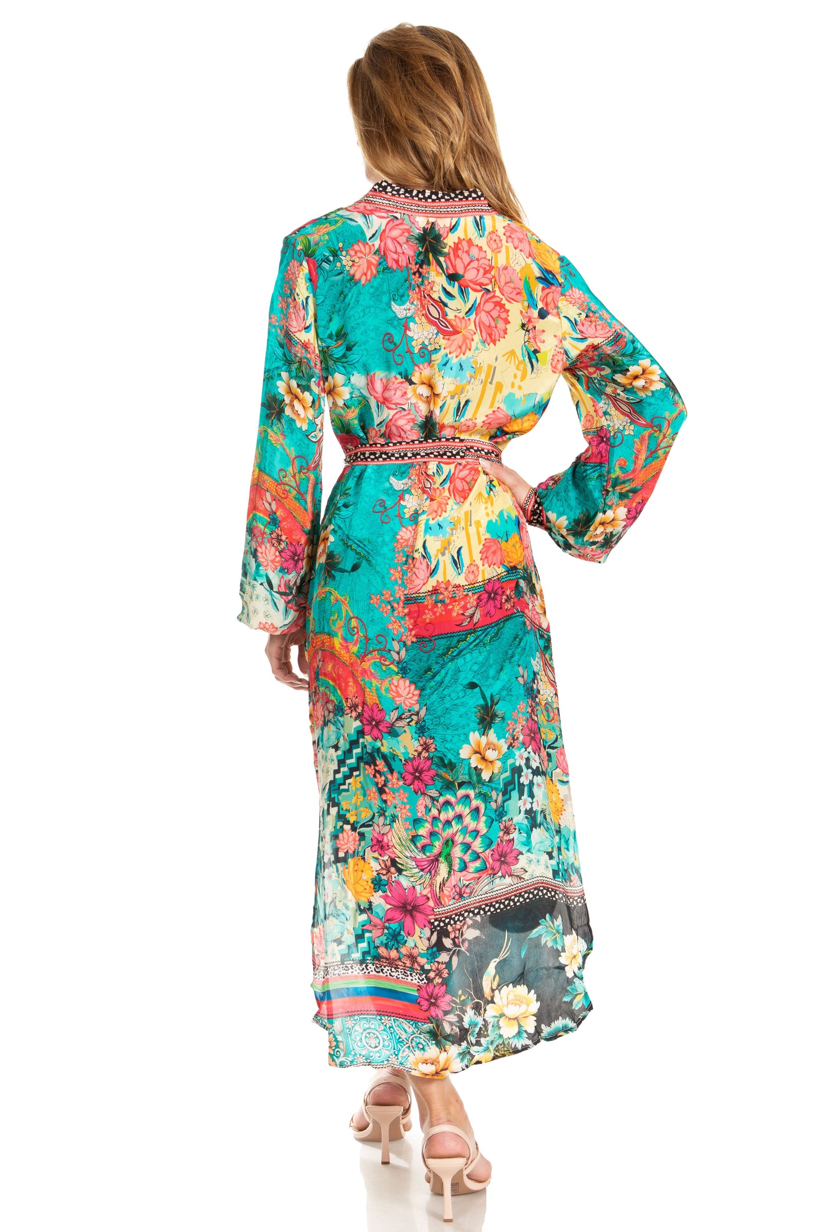 Sakkas Rina Women's Floral Print Maxi Dress with Long Sleeves and Flounce Shirt Design