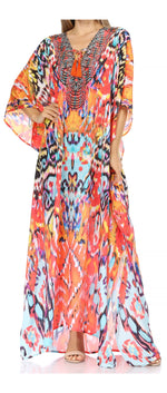Sakkas Georgettina Flowy Rhinestone V Neck Long Caftan Dress/Cover Up
