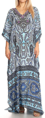 Sakkas Anahi Flowy Design V Neck Long Caftan Dress / Cover Up With Rhinestone