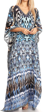 Sakkas Anahi Flowy Design V Neck Long Caftan Dress / Cover Up With Rhinestone
