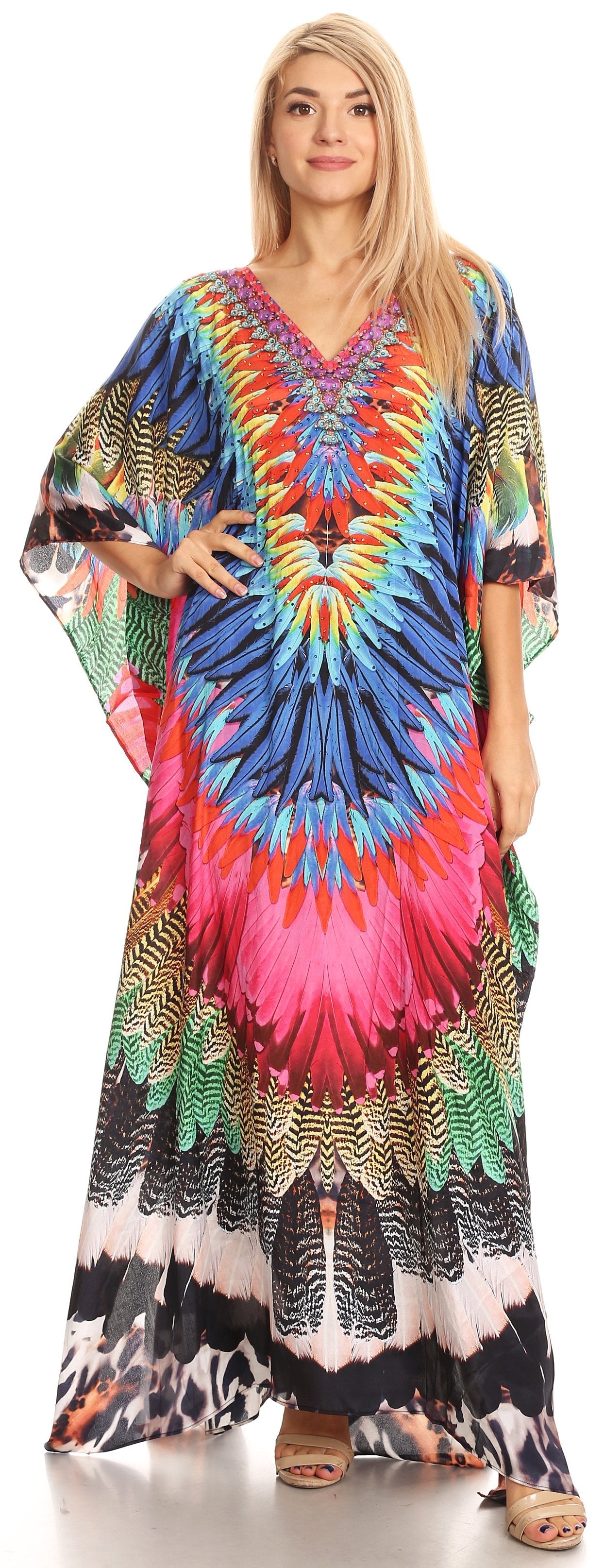 Sakkas Anahi Flowy Design V Neck Long Caftan Dress / Cover Up With Rhinestone