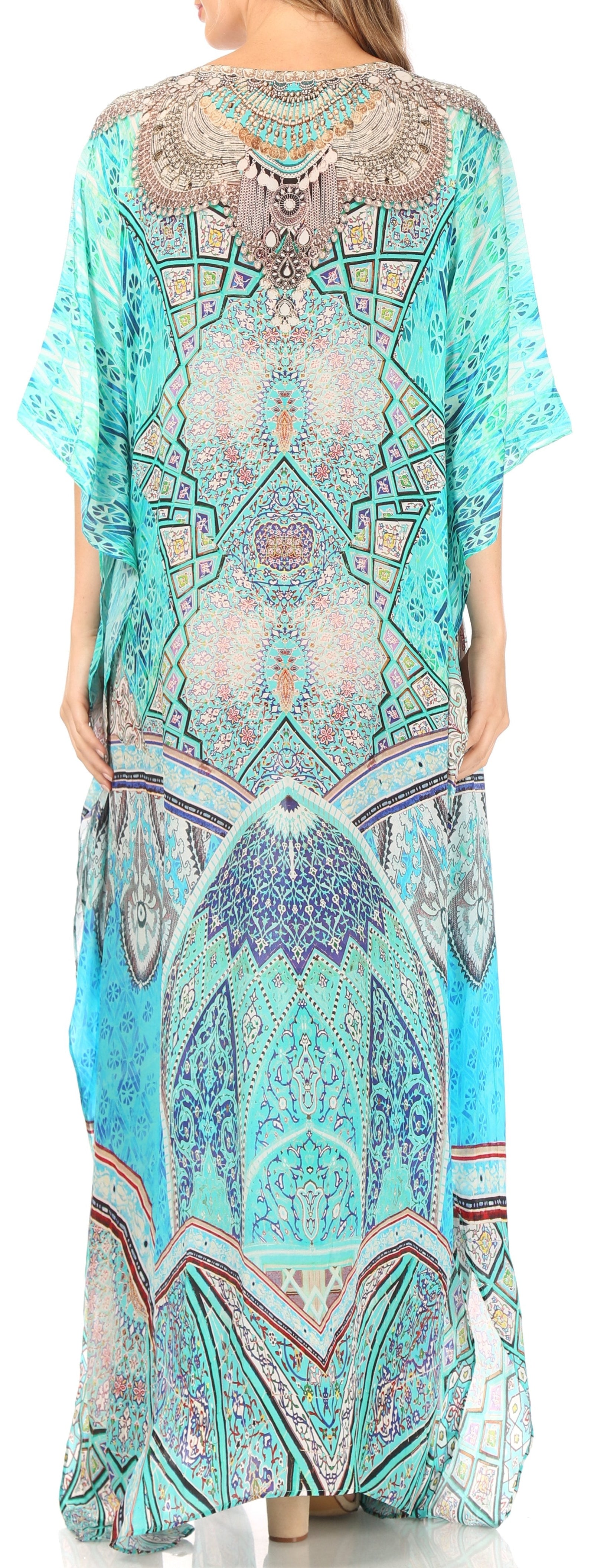 Sakkas Anahi Flowy Design V Neck Long Caftan Dress / Cover Up With Rhinestone