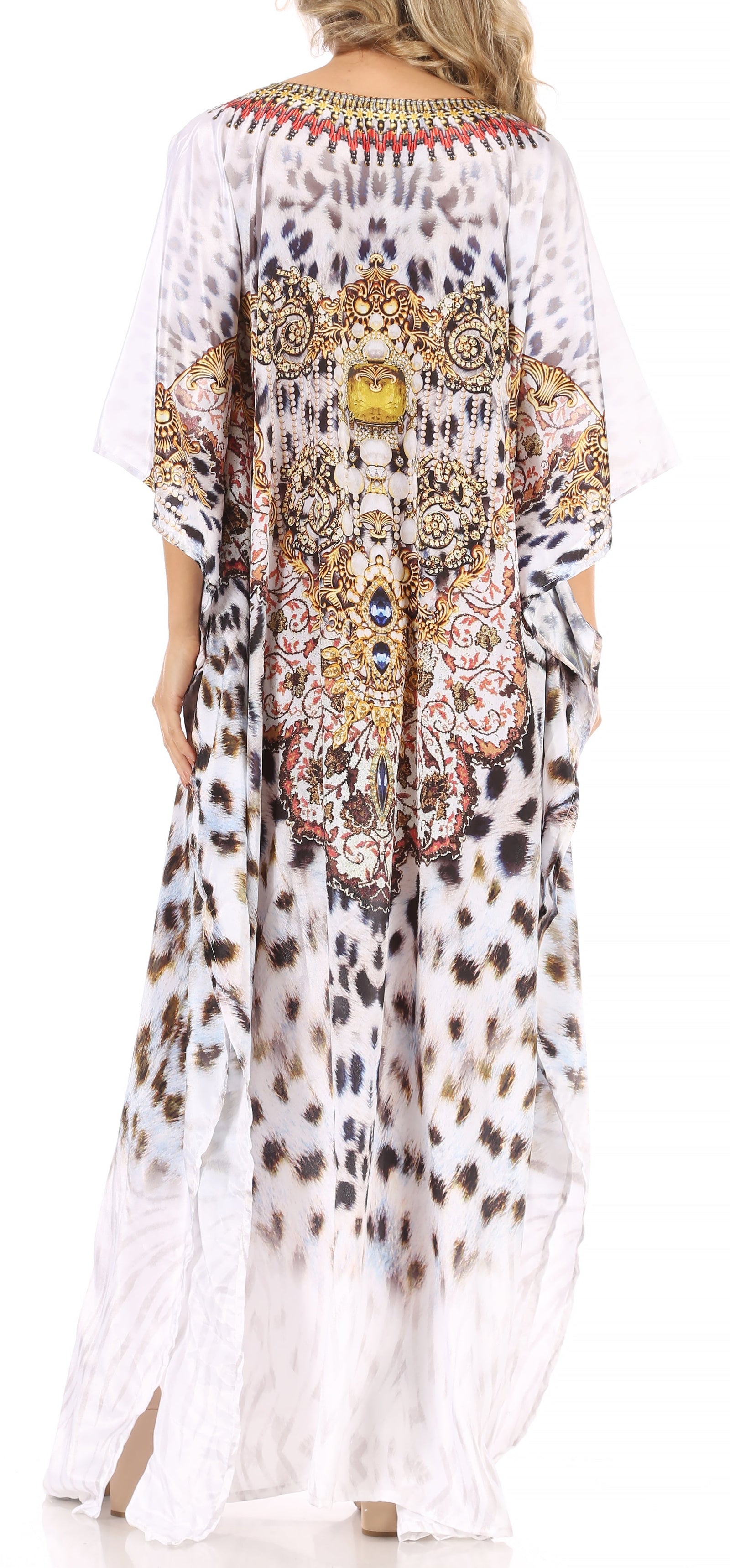 Sakkas Anahi Flowy Design V Neck Long Caftan Dress / Cover Up With Rhinestone