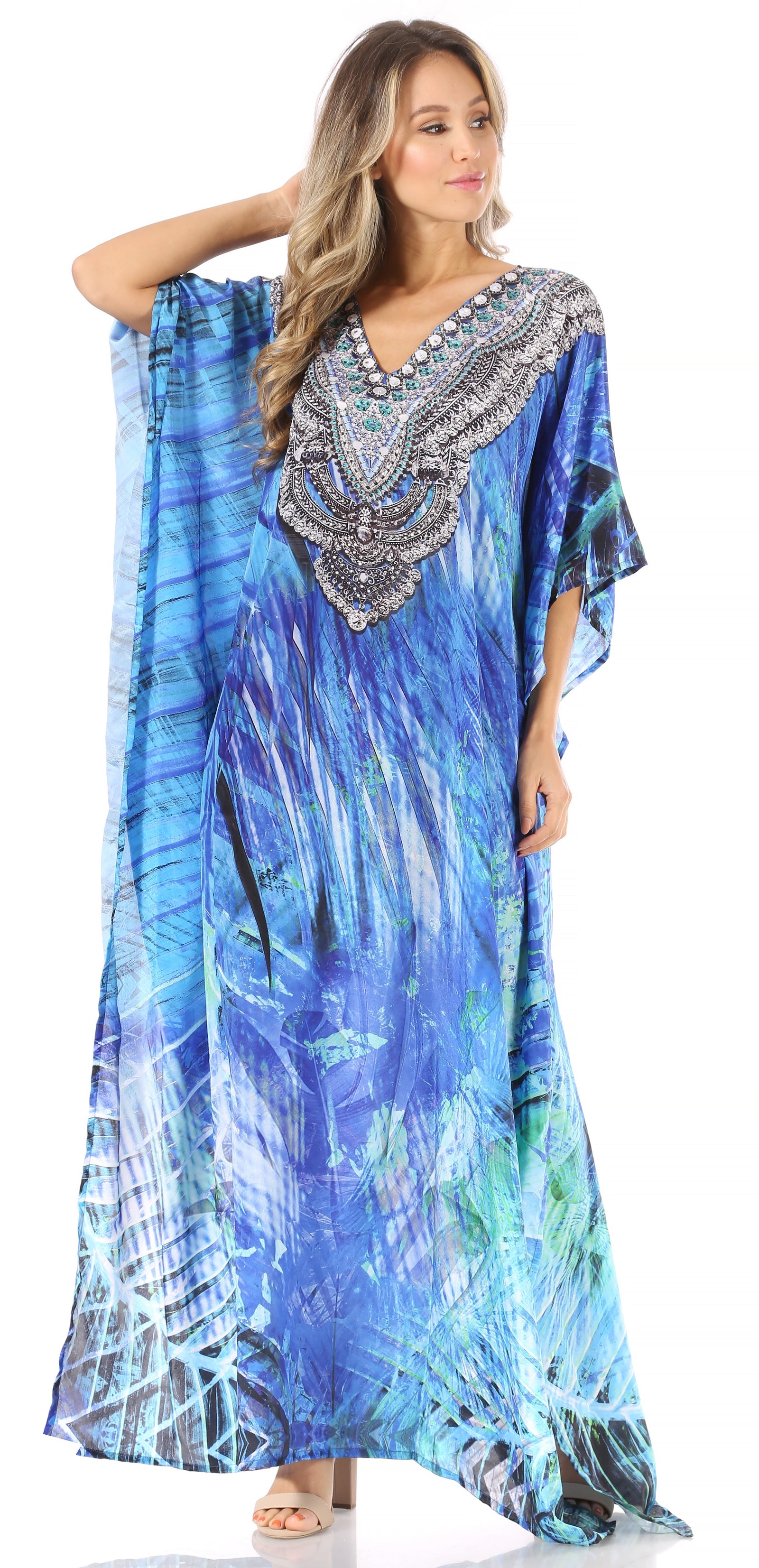 Sakkas Anahi Flowy Design V Neck Long Caftan Dress / Cover Up With Rhinestone