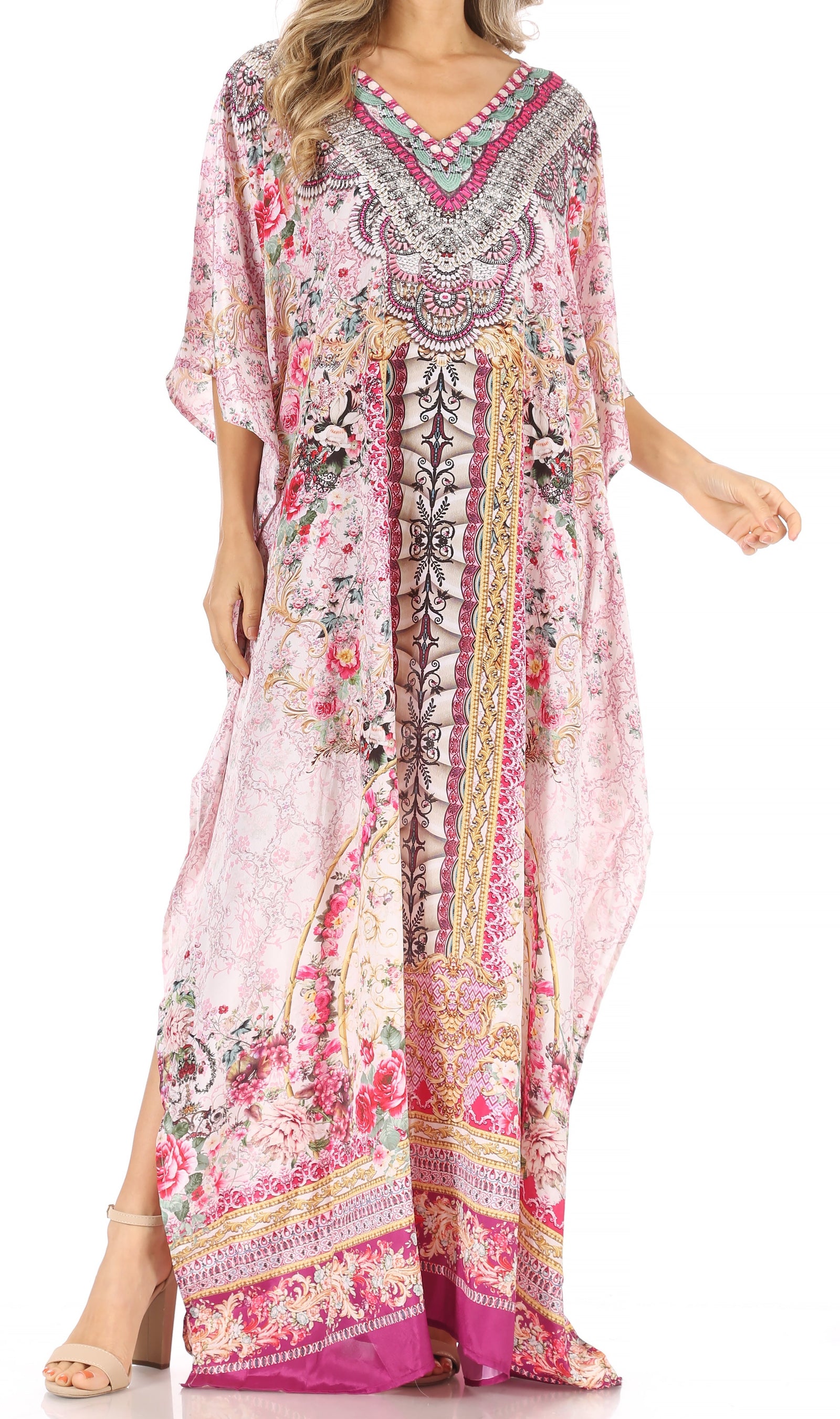 Sakkas Anahi Flowy Design V Neck Long Caftan Dress / Cover Up With Rhinestone
