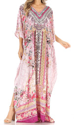 Sakkas Anahi Flowy Design V Neck Long Caftan Dress / Cover Up With Rhinestone