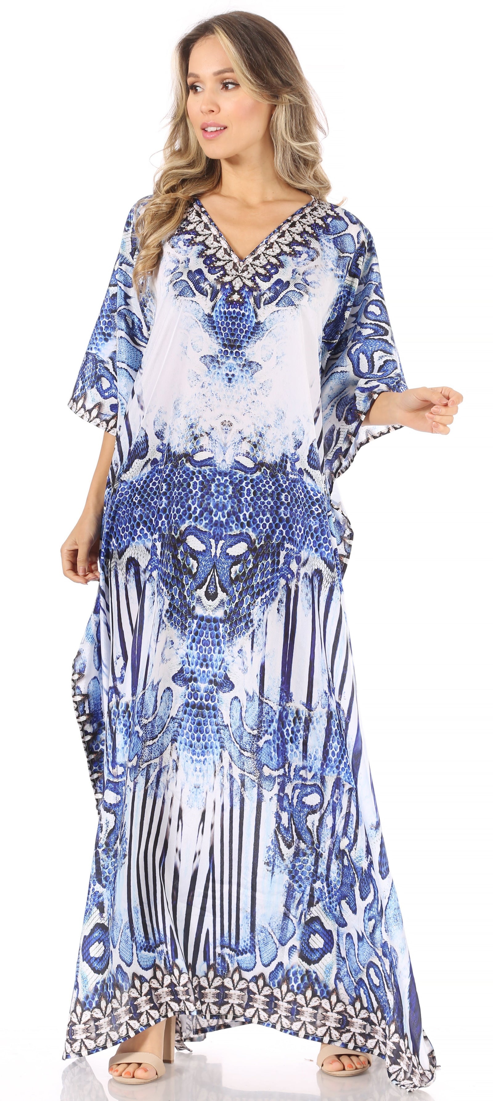 Sakkas Anahi Flowy Design V Neck Long Caftan Dress / Cover Up With Rhinestone