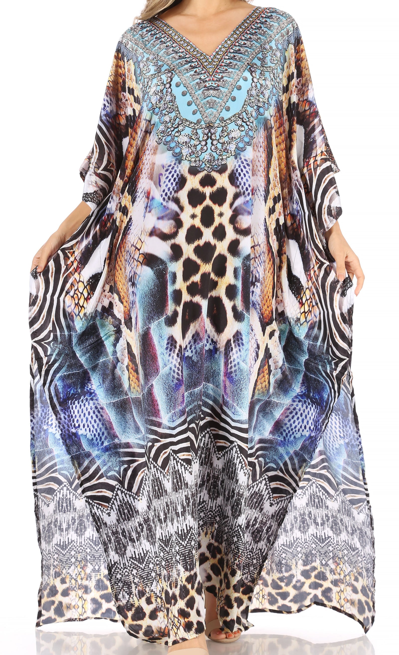 Sakkas Anahi Flowy Design V Neck Long Caftan Dress / Cover Up With Rhinestone