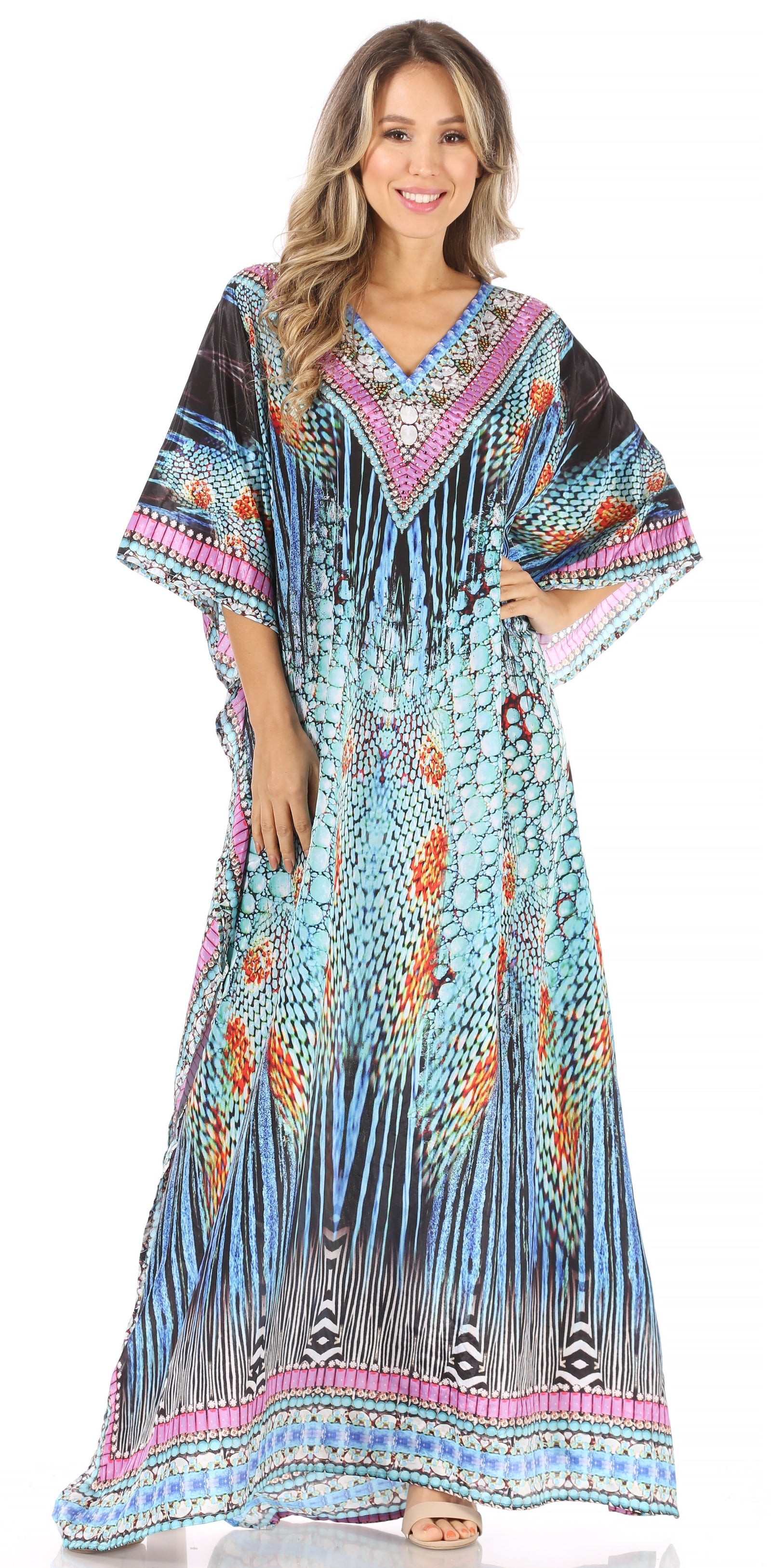 Sakkas Anahi Flowy Design V Neck Long Caftan Dress / Cover Up With Rhinestone