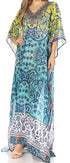 Sakkas Wilder Printed Design Long Sheer Rhinestone Caftan Dress / Cover Up