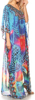 Sakkas Wilder Printed Design Long Sheer Rhinestone Caftan Dress / Cover Up
