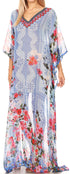 Sakkas Wilder Printed Design Long Sheer Rhinestone Caftan Dress / Cover Up