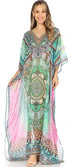 Sakkas Wilder Printed Design Long Sheer Rhinestone Caftan Dress / Cover Up