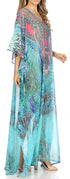 Sakkas Wilder Printed Design Long Sheer Rhinestone Caftan Dress / Cover Up